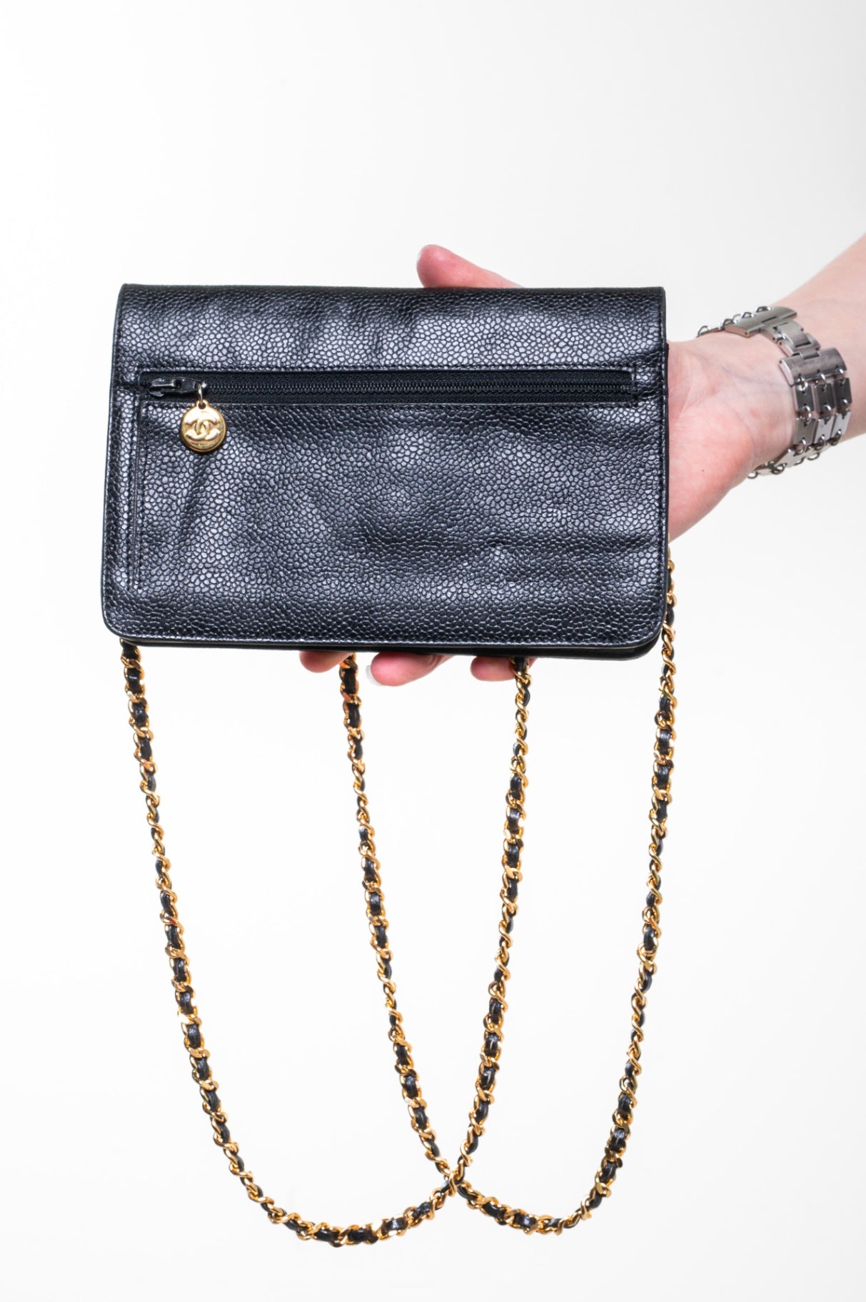 Black Caviar Leather Wallet On Chain
