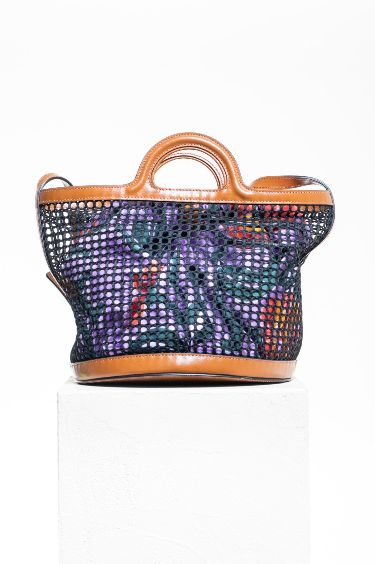 Brown Leather & Mesh Bucket Bag w/ Purple Flower Insert