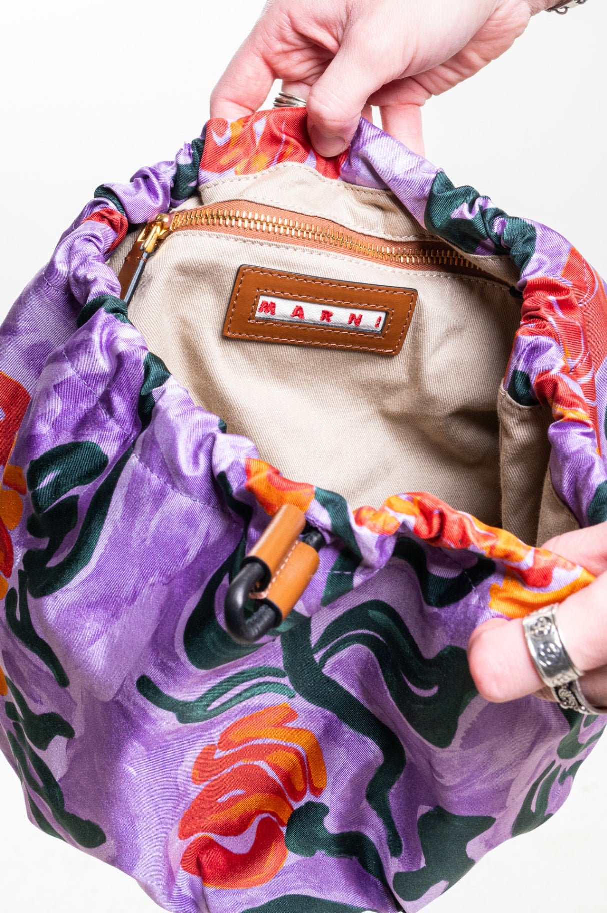 Brown Leather & Mesh Bucket Bag w/ Purple Flower Insert