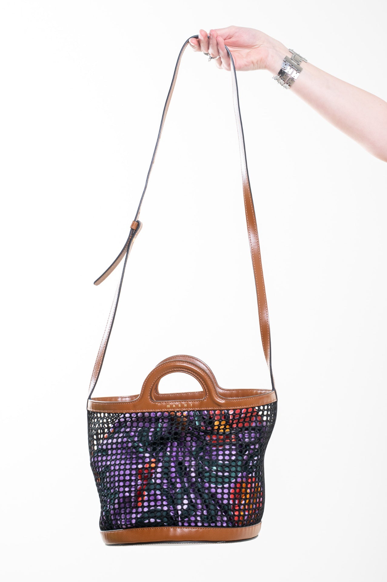 Brown Leather & Mesh Bucket Bag w/ Purple Flower Insert