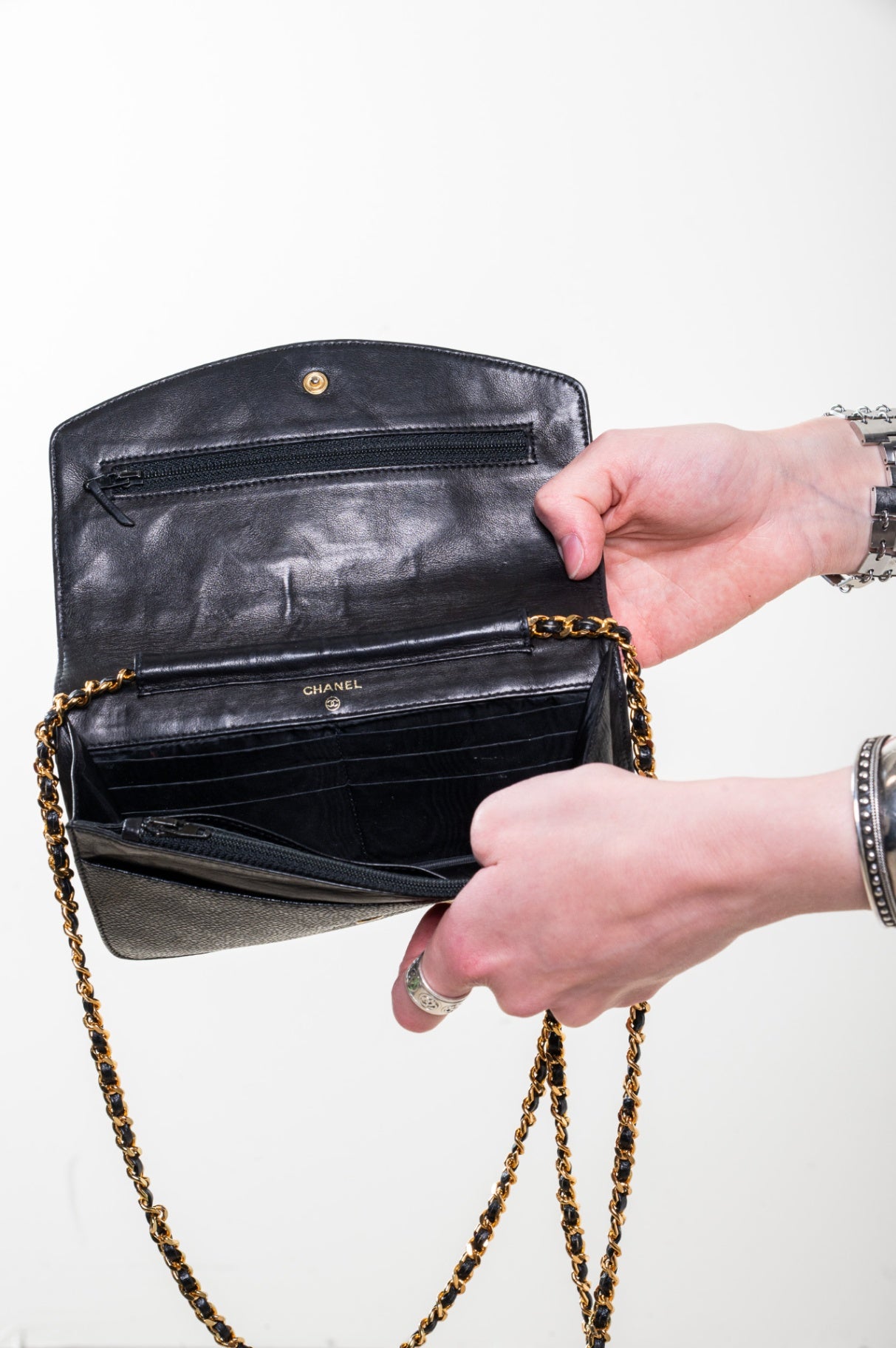 Black Caviar Leather Wallet On Chain