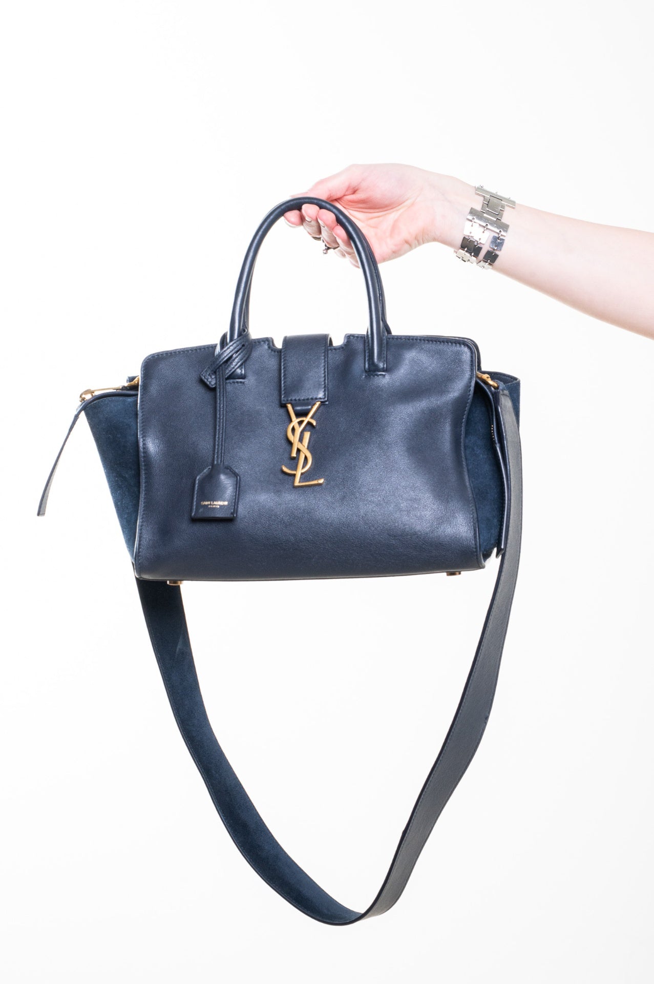 Navy Small Downtown Leather & Suede Top Handle Bag