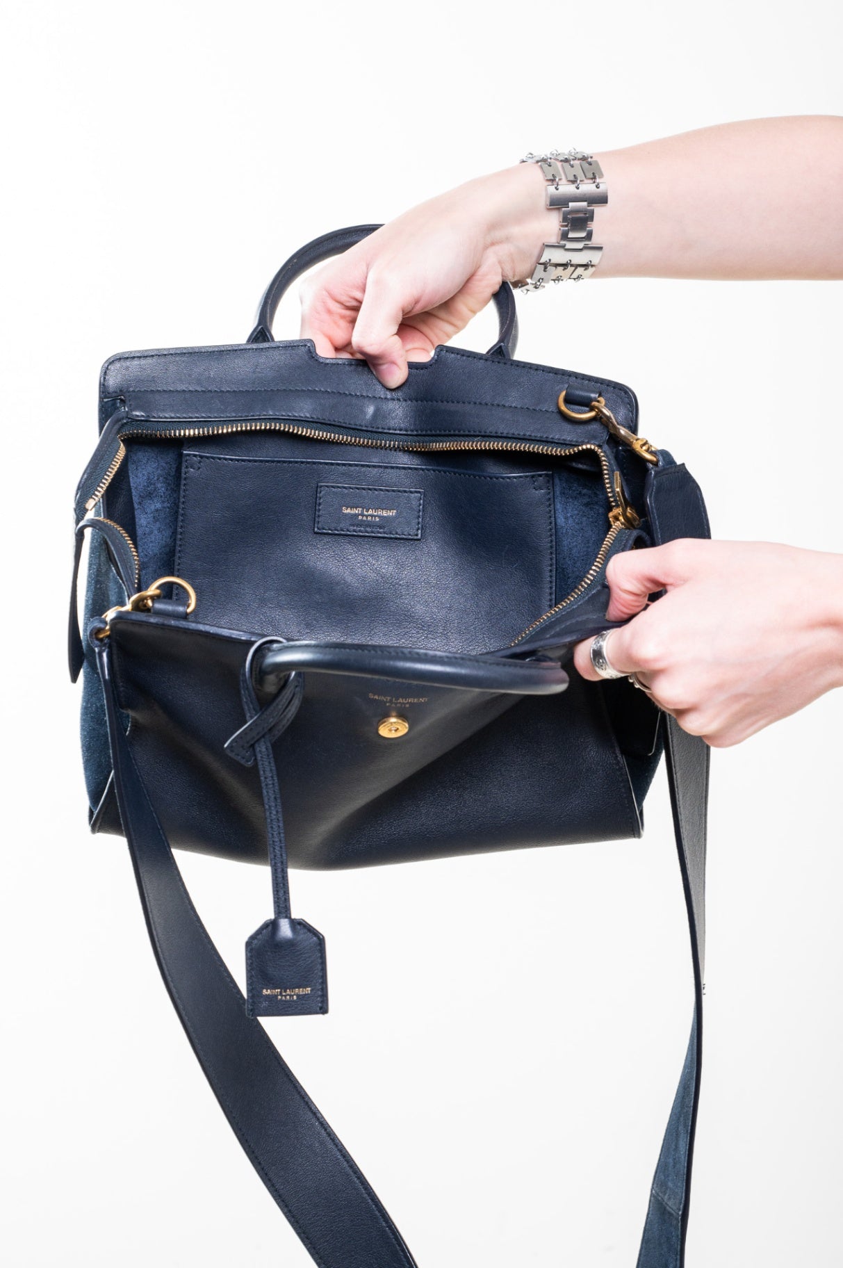 Navy Small Downtown Leather & Suede Top Handle Bag