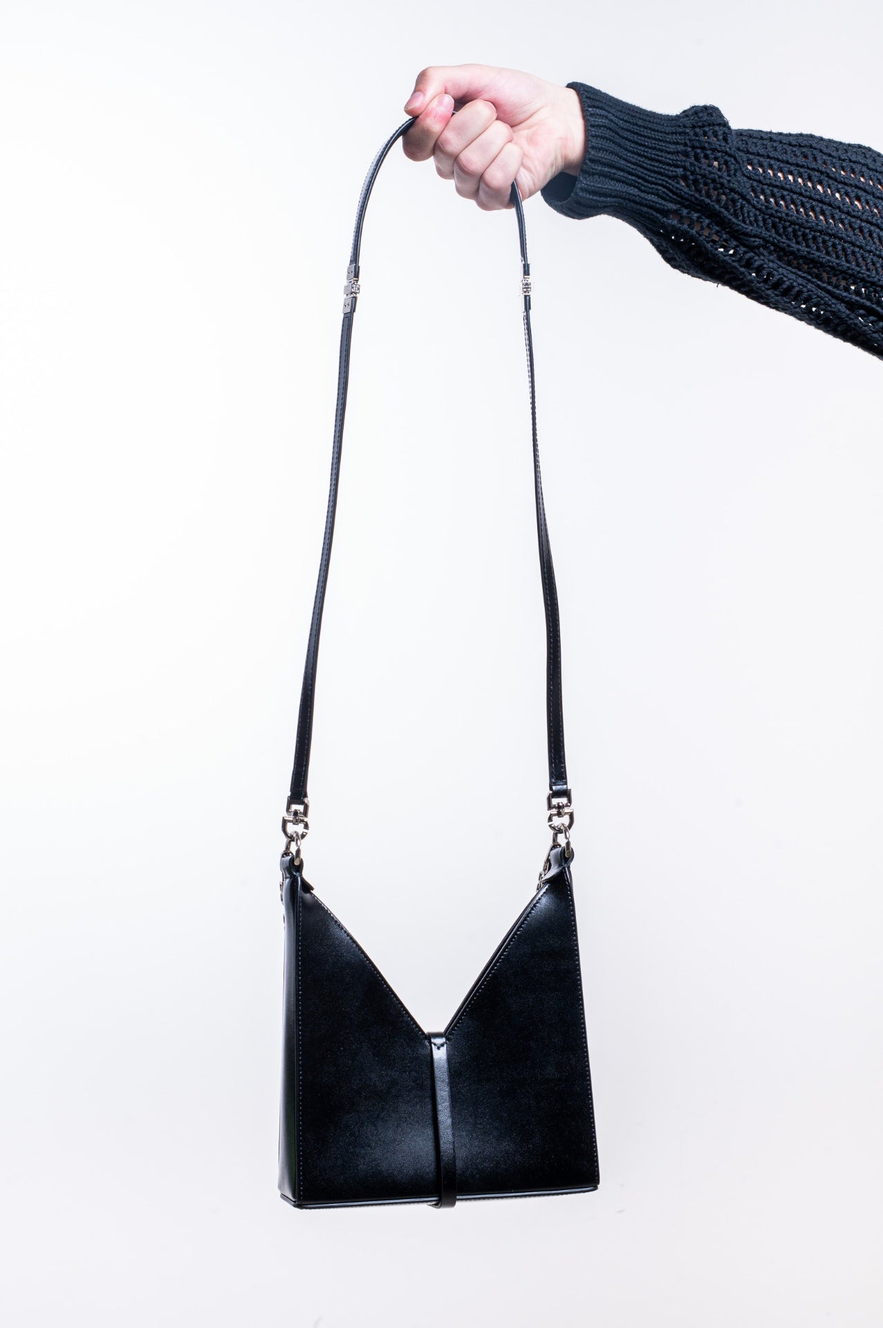 Black Small Cut Out Leather Shoulder Bag With Chain