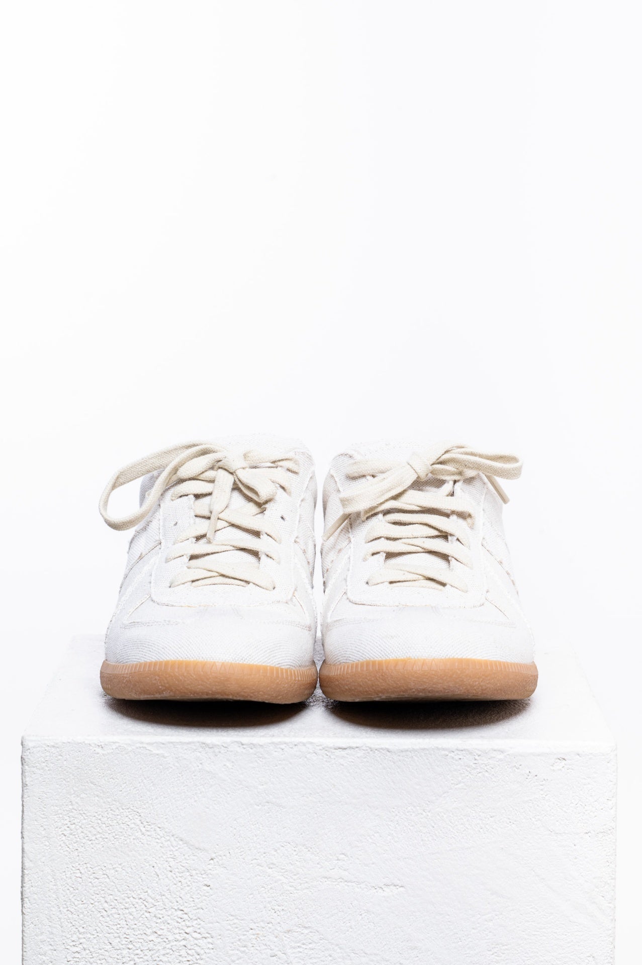Beige Canvas Raw-Edge Trim Sneakers