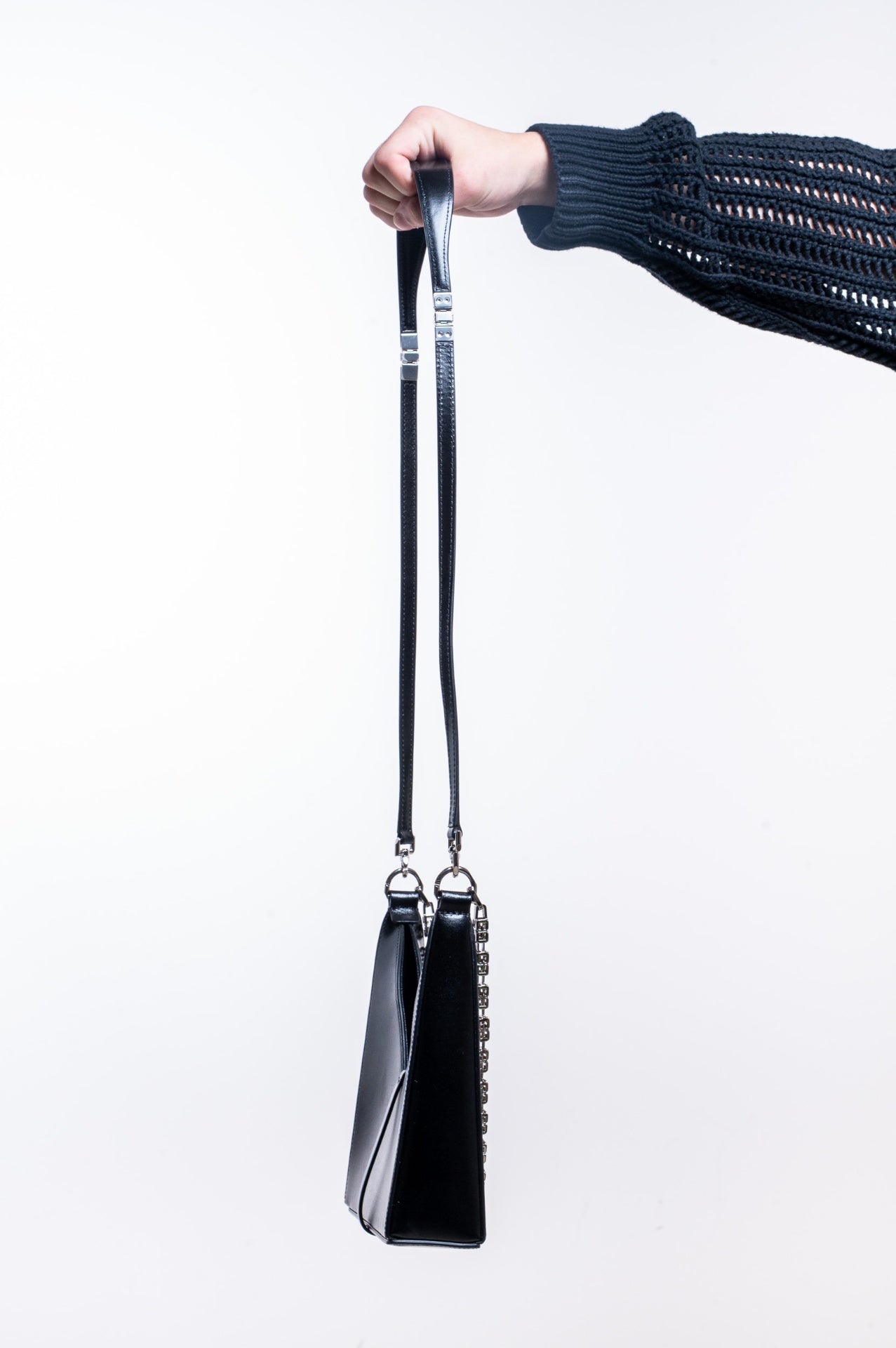 Black Small Cut Out Leather Shoulder Bag With Chain