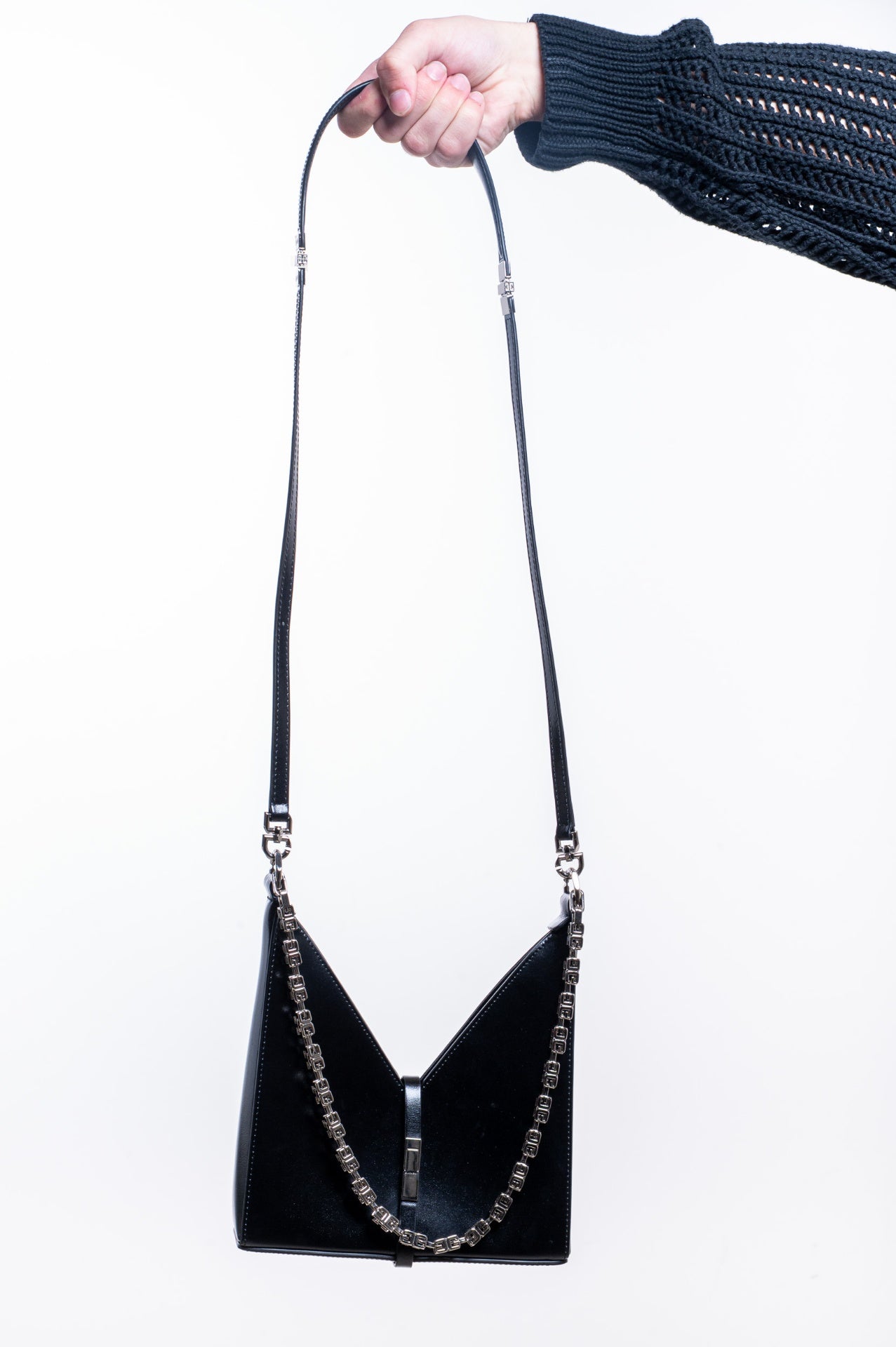 Black Small Cut Out Leather Shoulder Bag With Chain