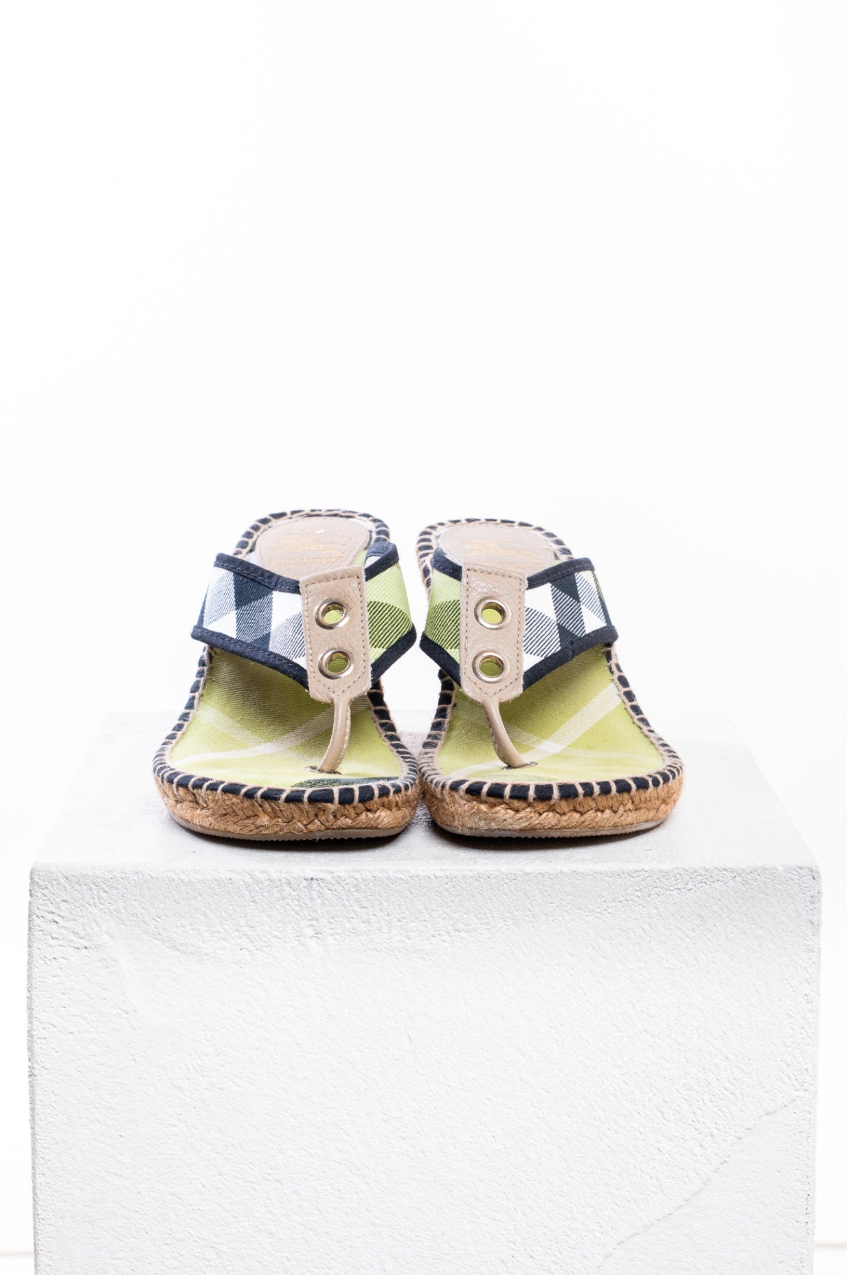 Green Plaid Print Nova Check Canvas Wedge Espadrille Sandal