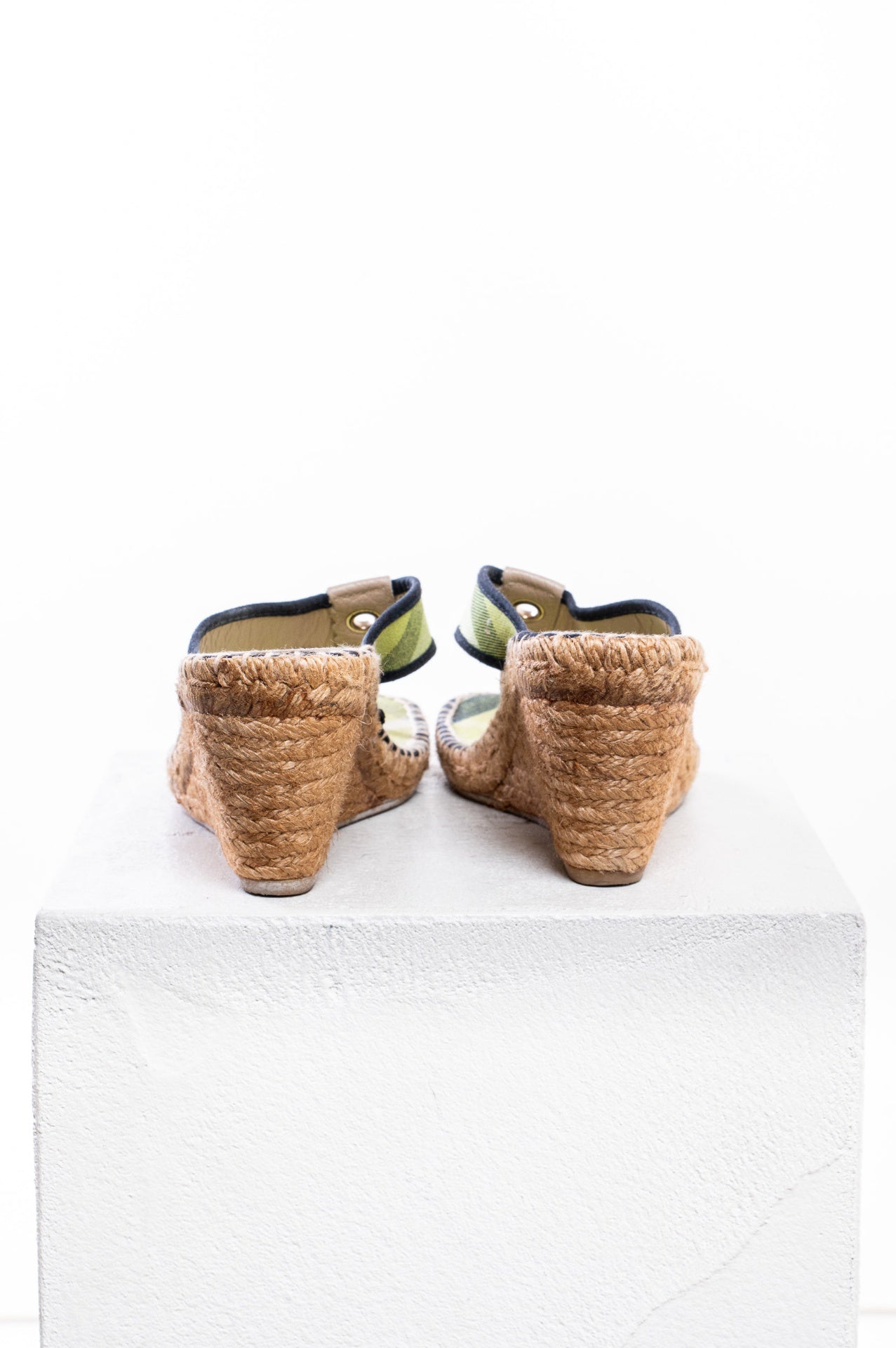 Green Plaid Print Nova Check Canvas Wedge Espadrille Sandal