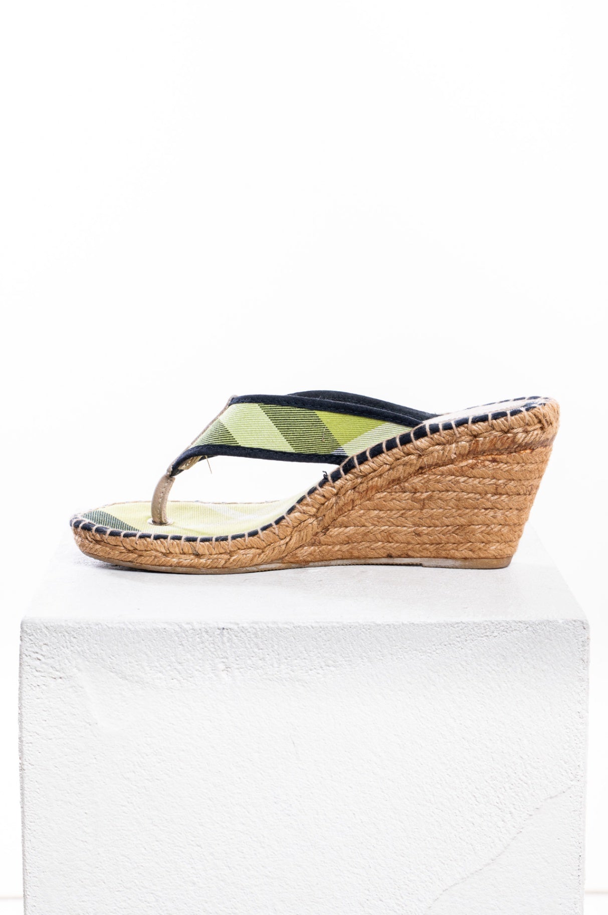 Green Plaid Print Nova Check Canvas Wedge Espadrille Sandal