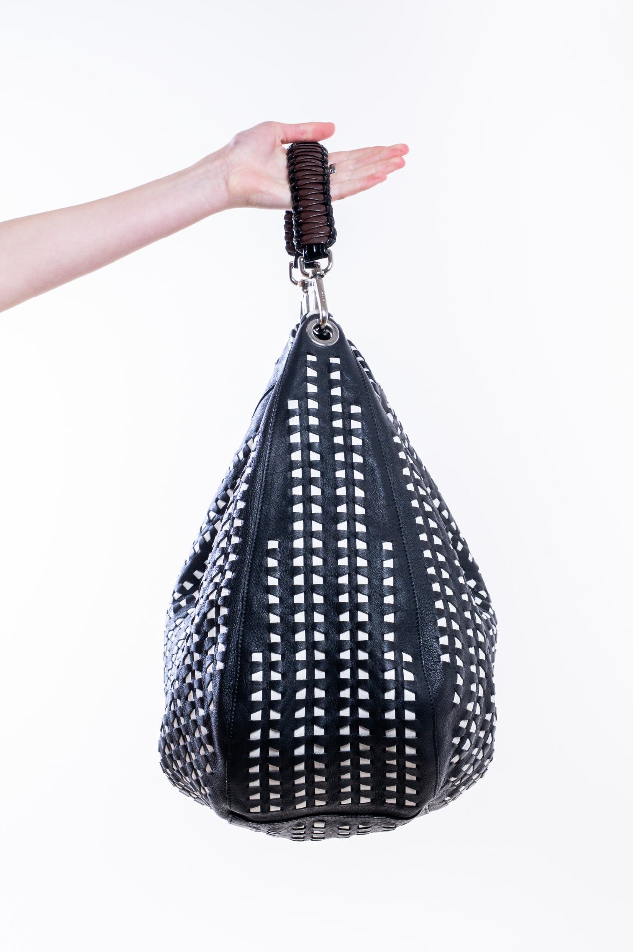 Black and White Woven Leather Hobo Bag