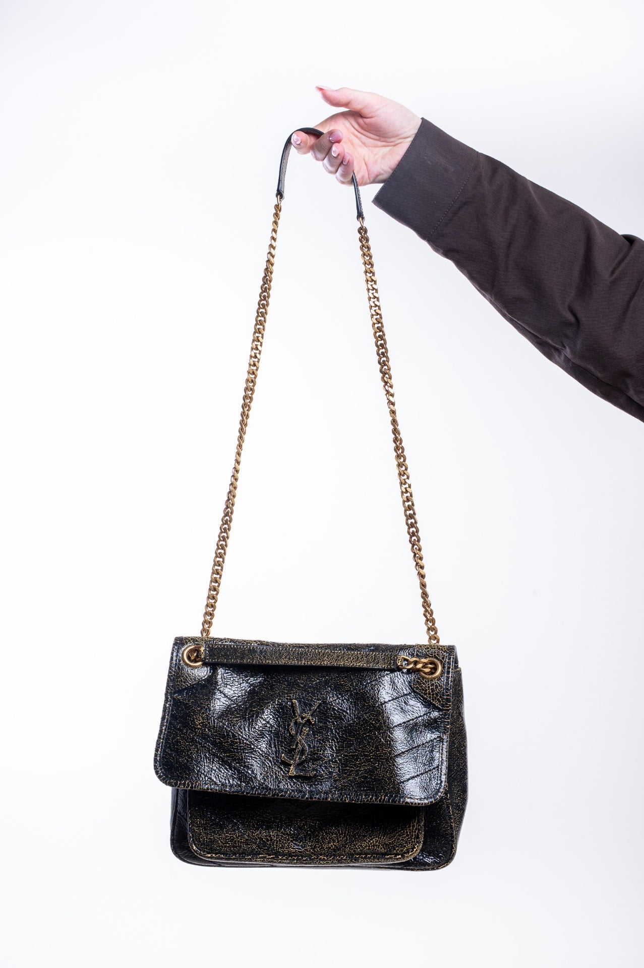 Black Cracked Patent Leather Medium Niki Bag