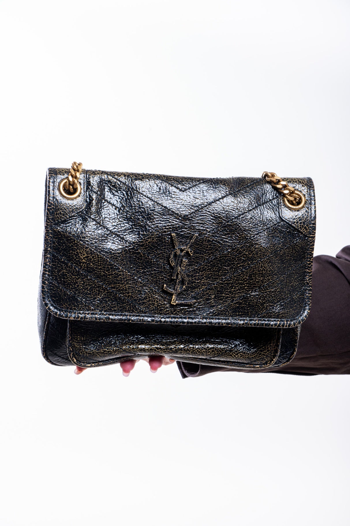 Black Cracked Patent Leather Medium Niki Bag