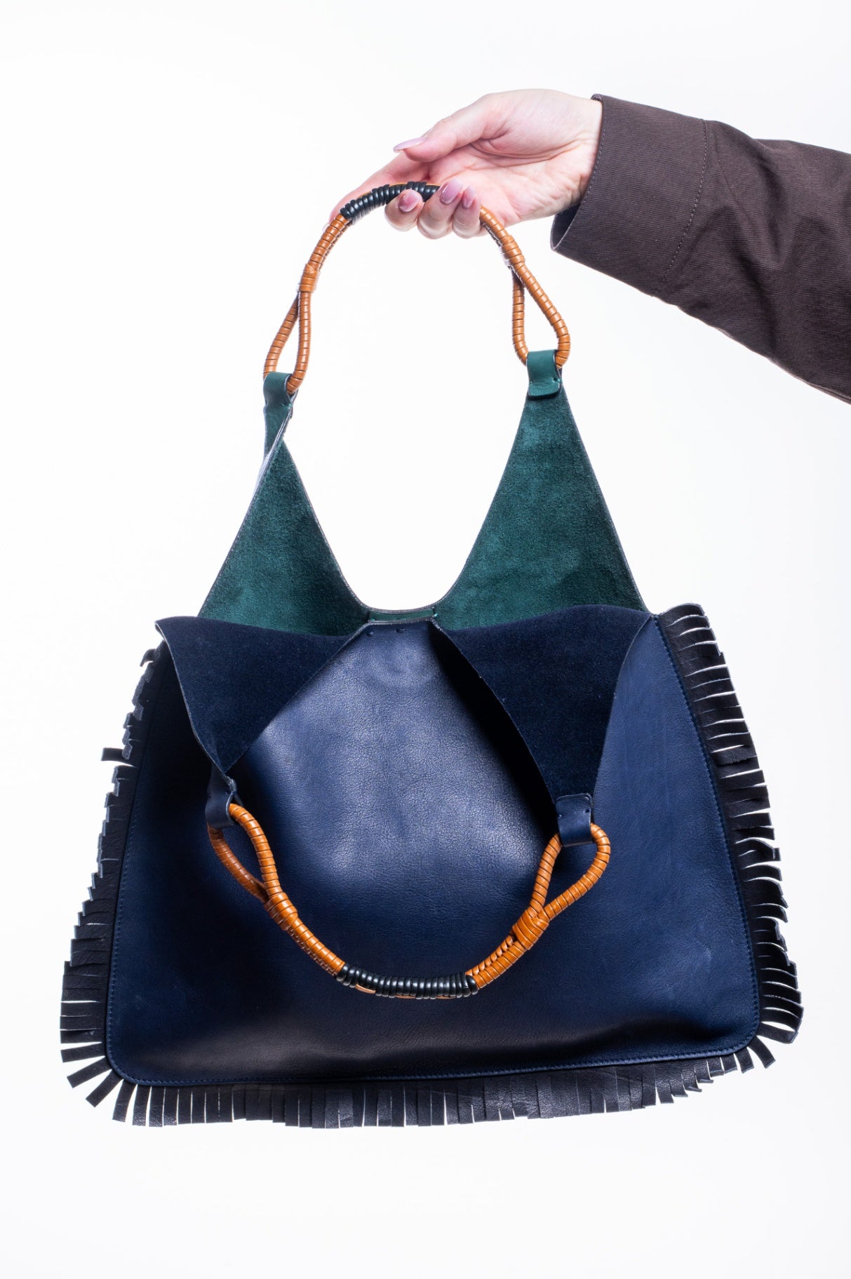 Navy/Green Venice Fringe Leather Hobo Bag