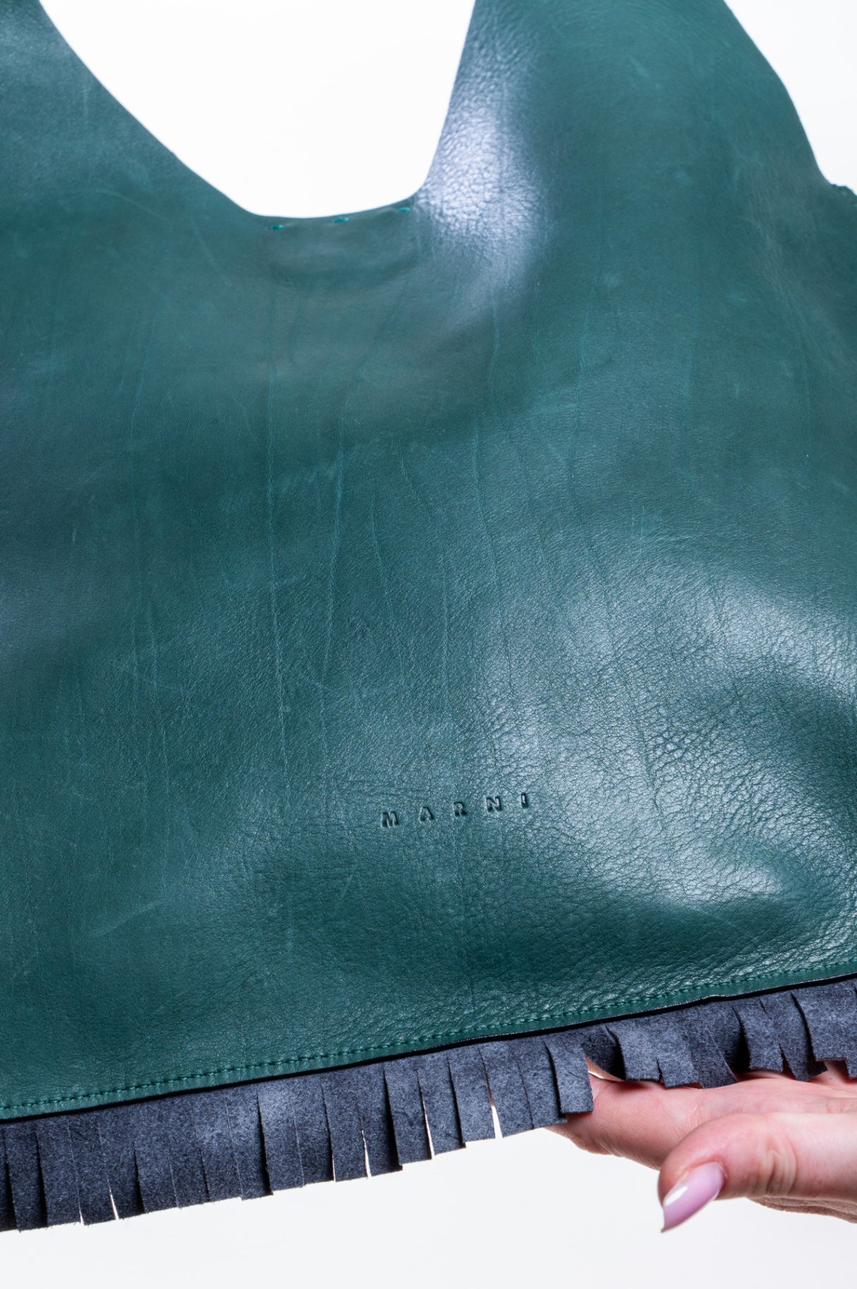 Navy/Green Venice Fringe Leather Hobo Bag
