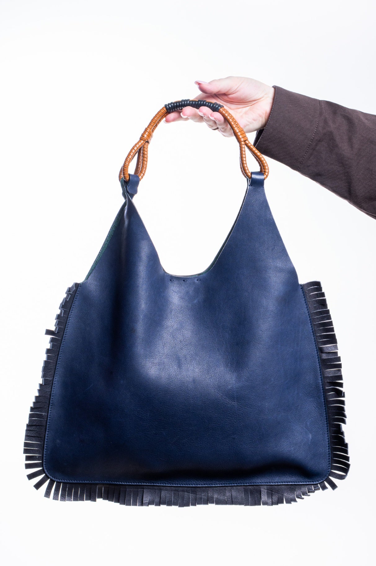 Navy/Green Venice Fringe Leather Hobo Bag