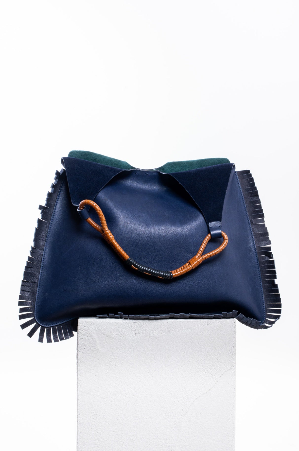 Navy/Green Venice Fringe Leather Hobo Bag