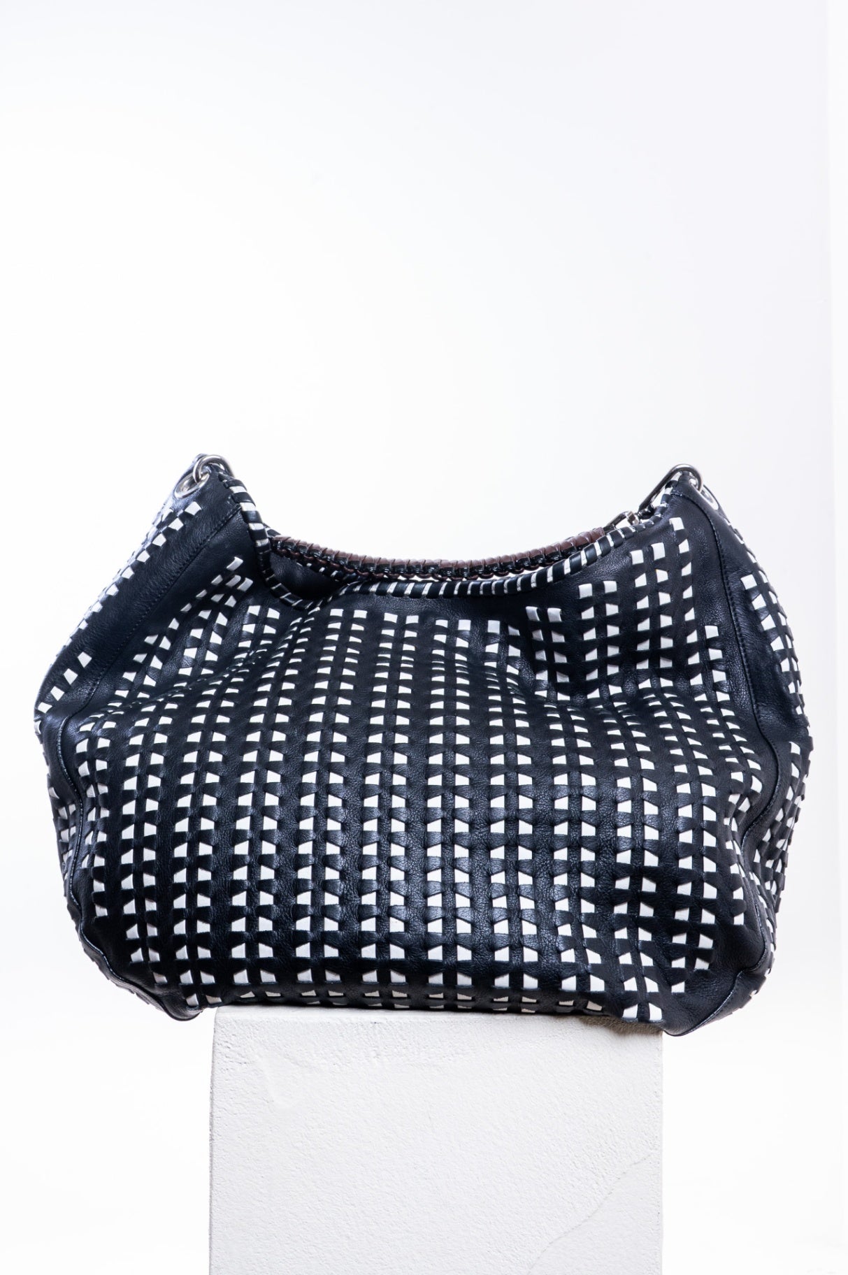 Black and White Woven Leather Hobo Bag