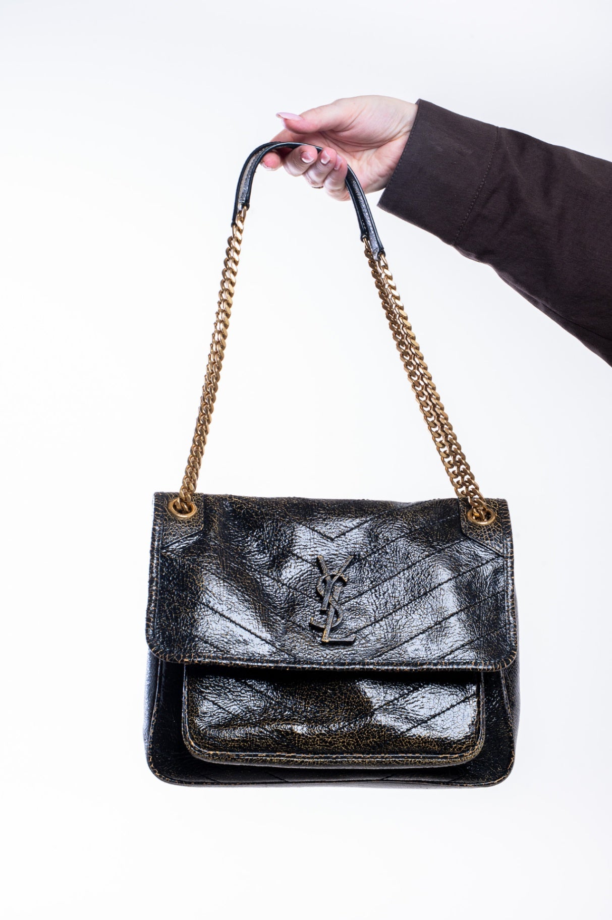 Black Cracked Patent Leather Medium Niki Bag
