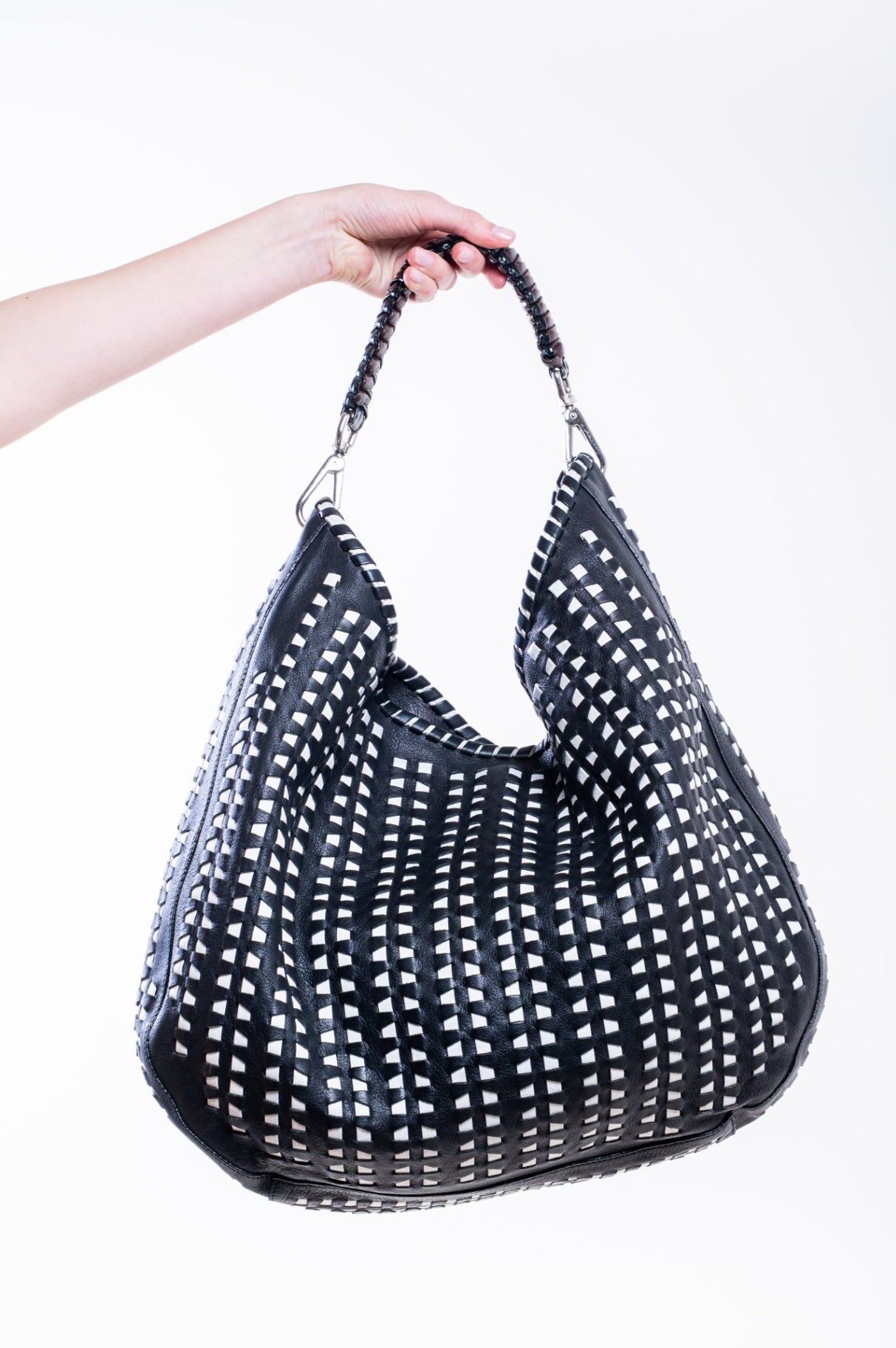 Black and White Woven Leather Hobo Bag