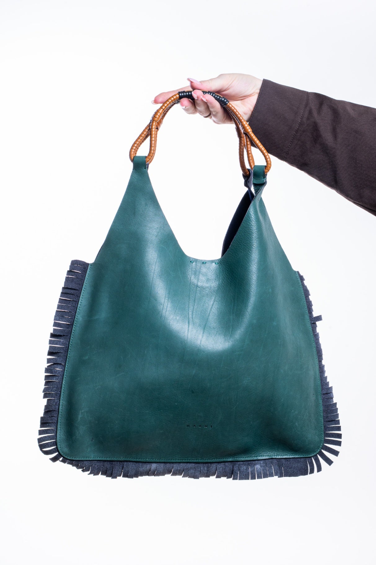 Navy/Green Venice Fringe Leather Hobo Bag