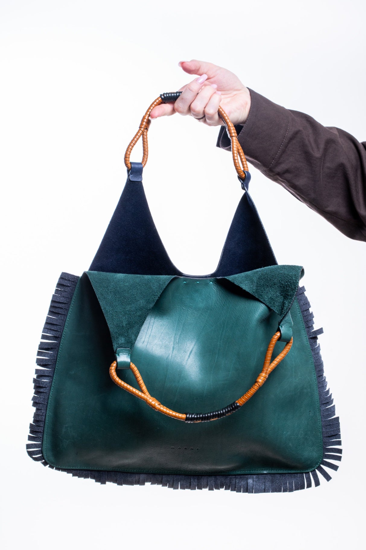 Navy/Green Venice Fringe Leather Hobo Bag