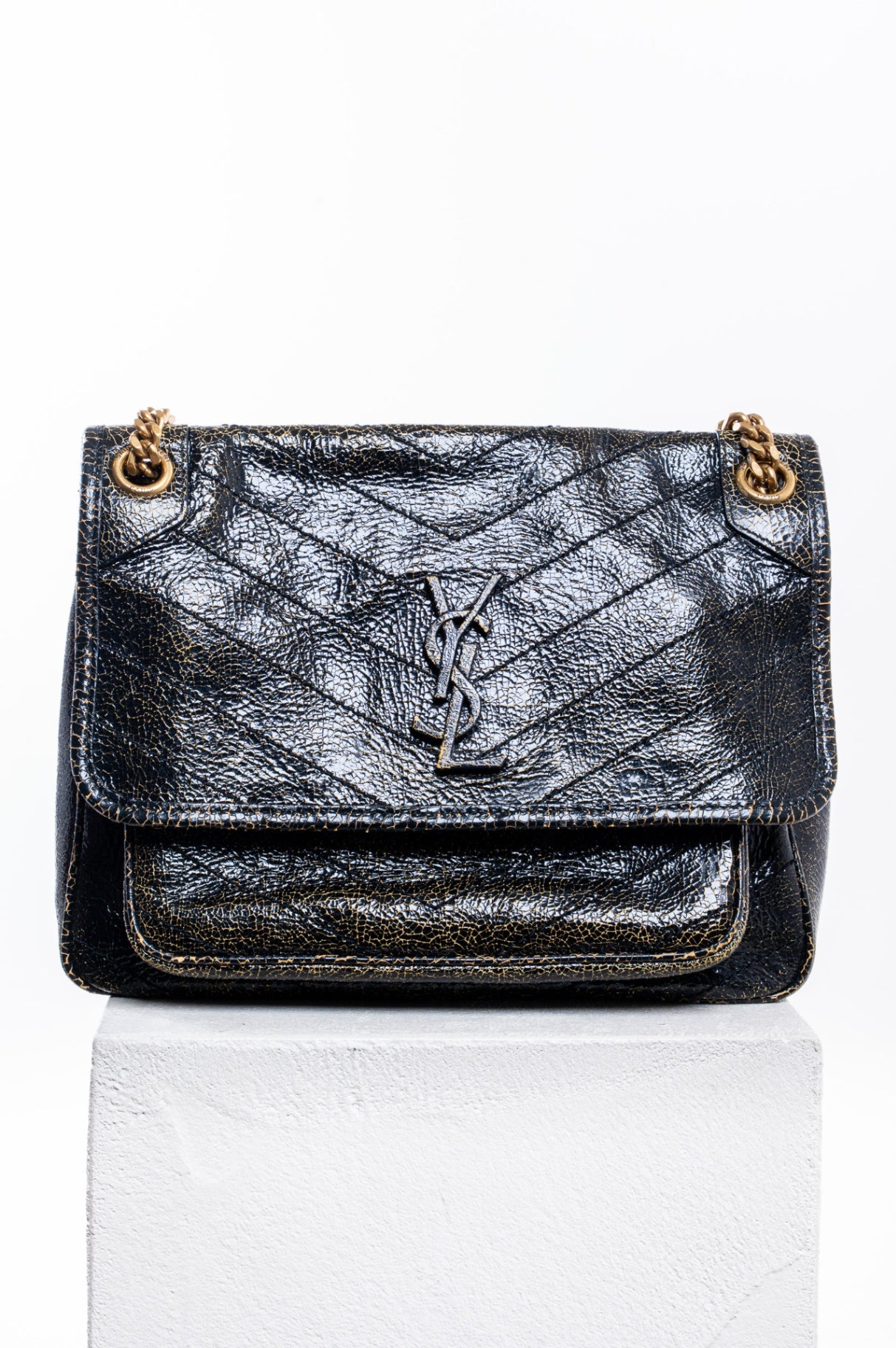 Black Cracked Patent Leather Medium Niki Bag