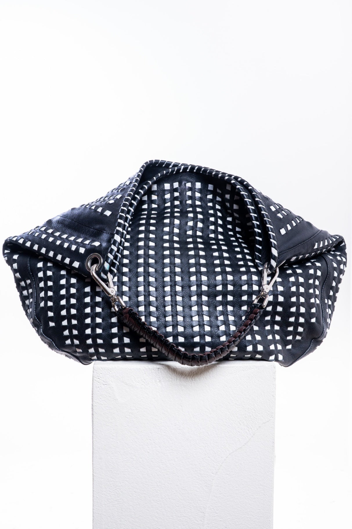 Black and White Woven Leather Hobo Bag