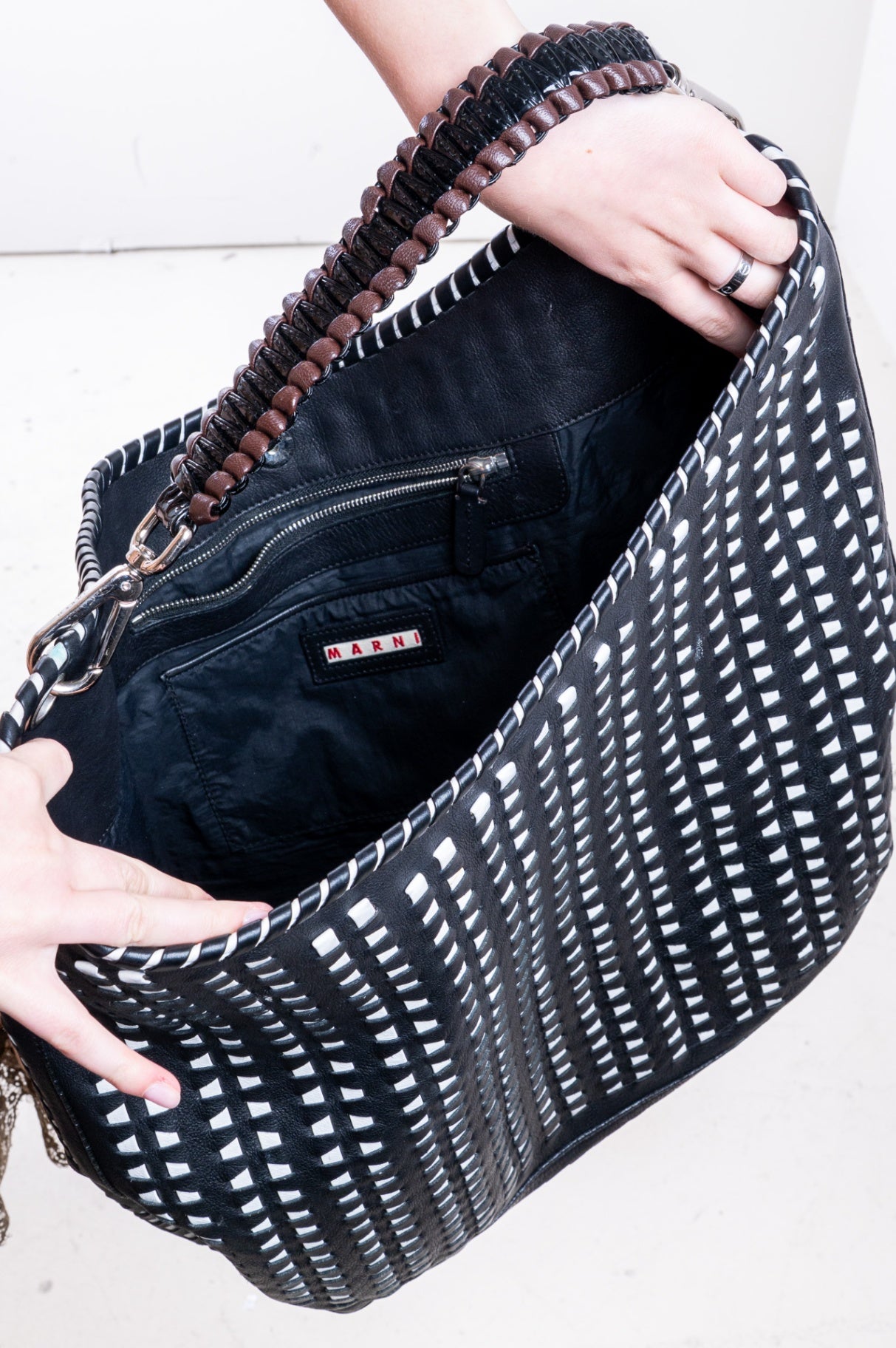 Black and White Woven Leather Hobo Bag