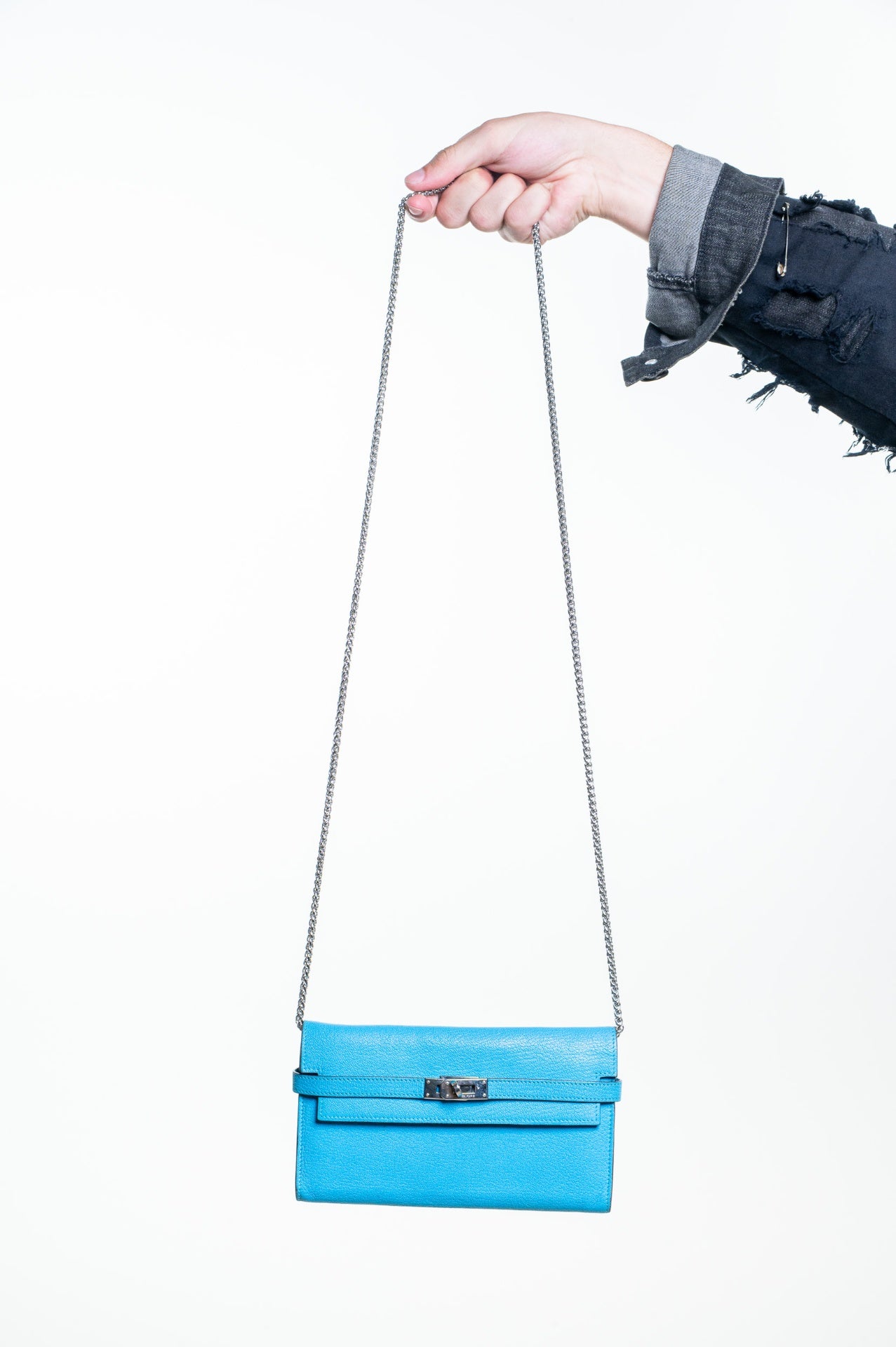 Bleu Chevre Mysore Leather Palladium Kelly Wallet