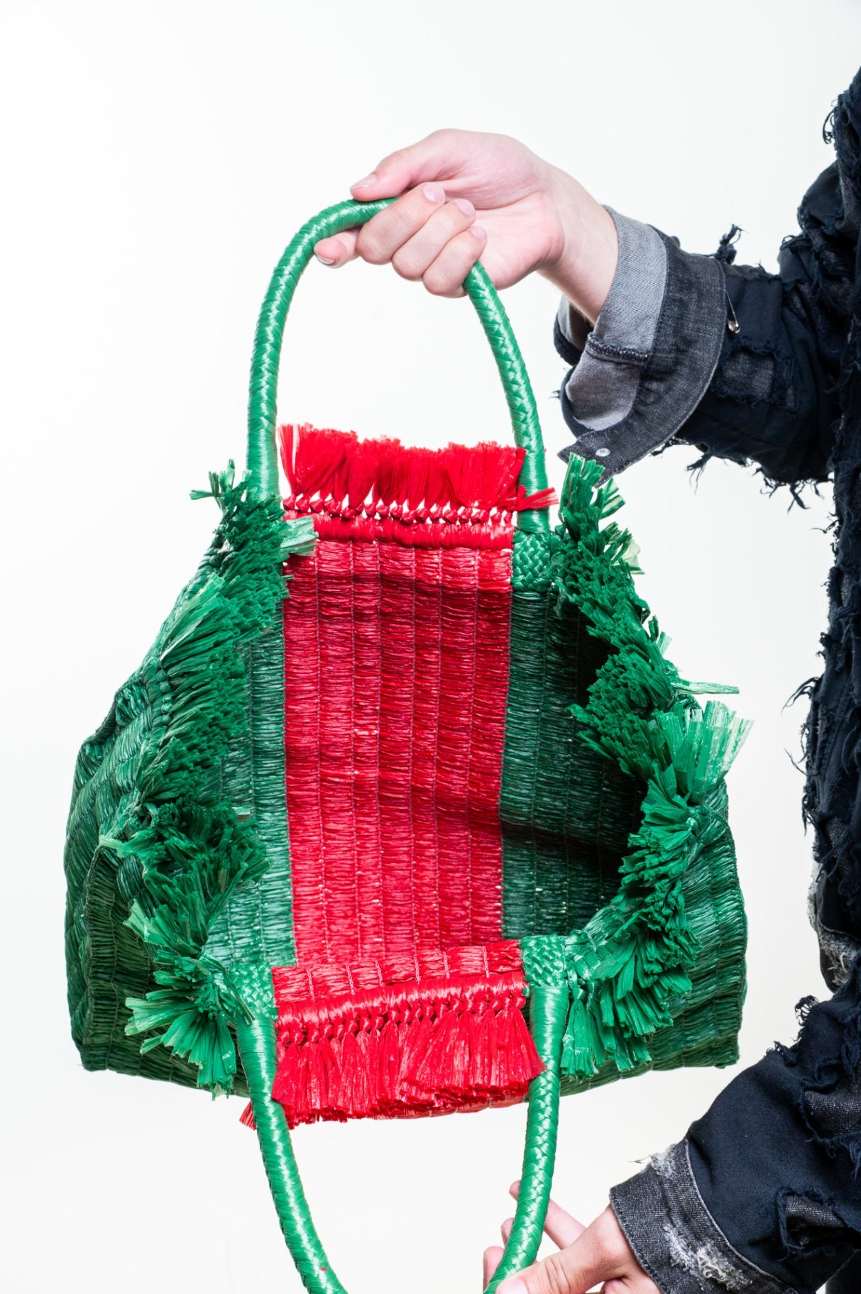 Green and Red Raffia Linea Cestino Web Tote Bag
