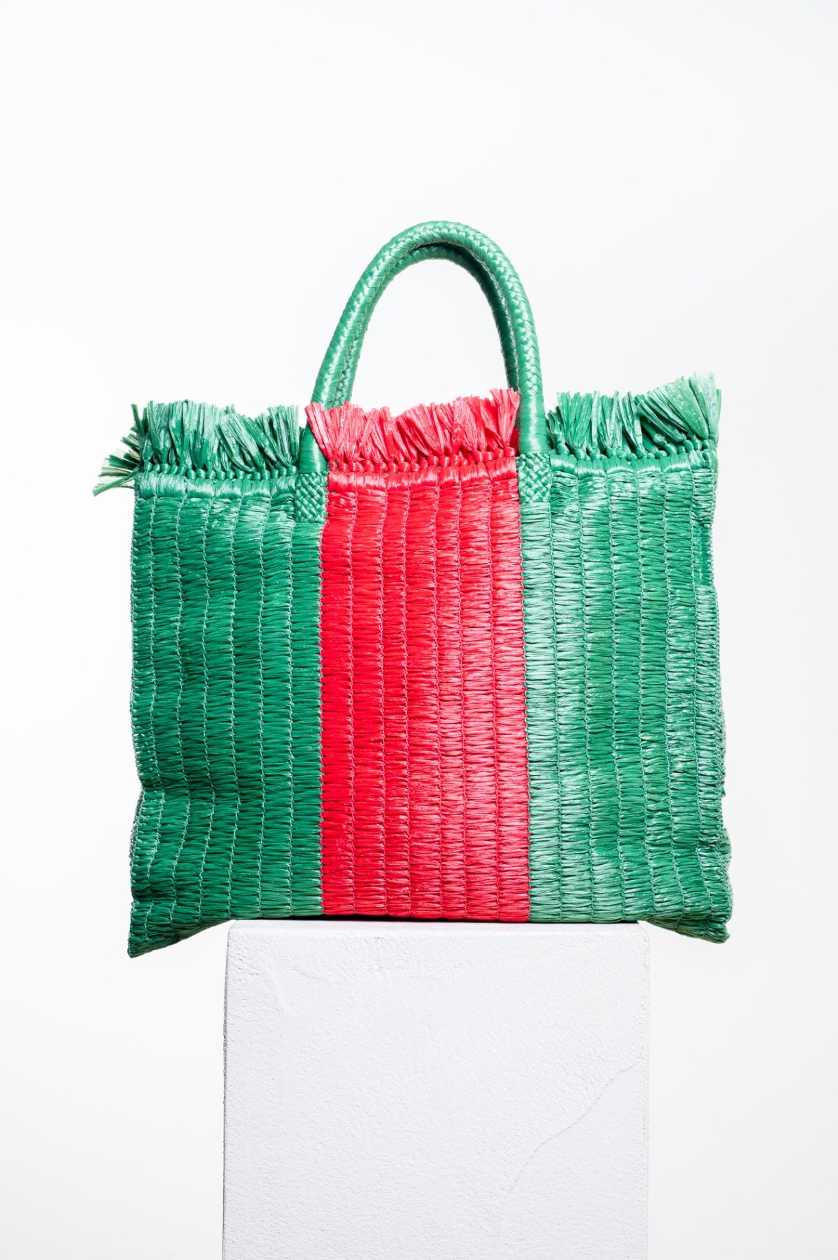 Green and Red Raffia Linea Cestino Web Tote Bag