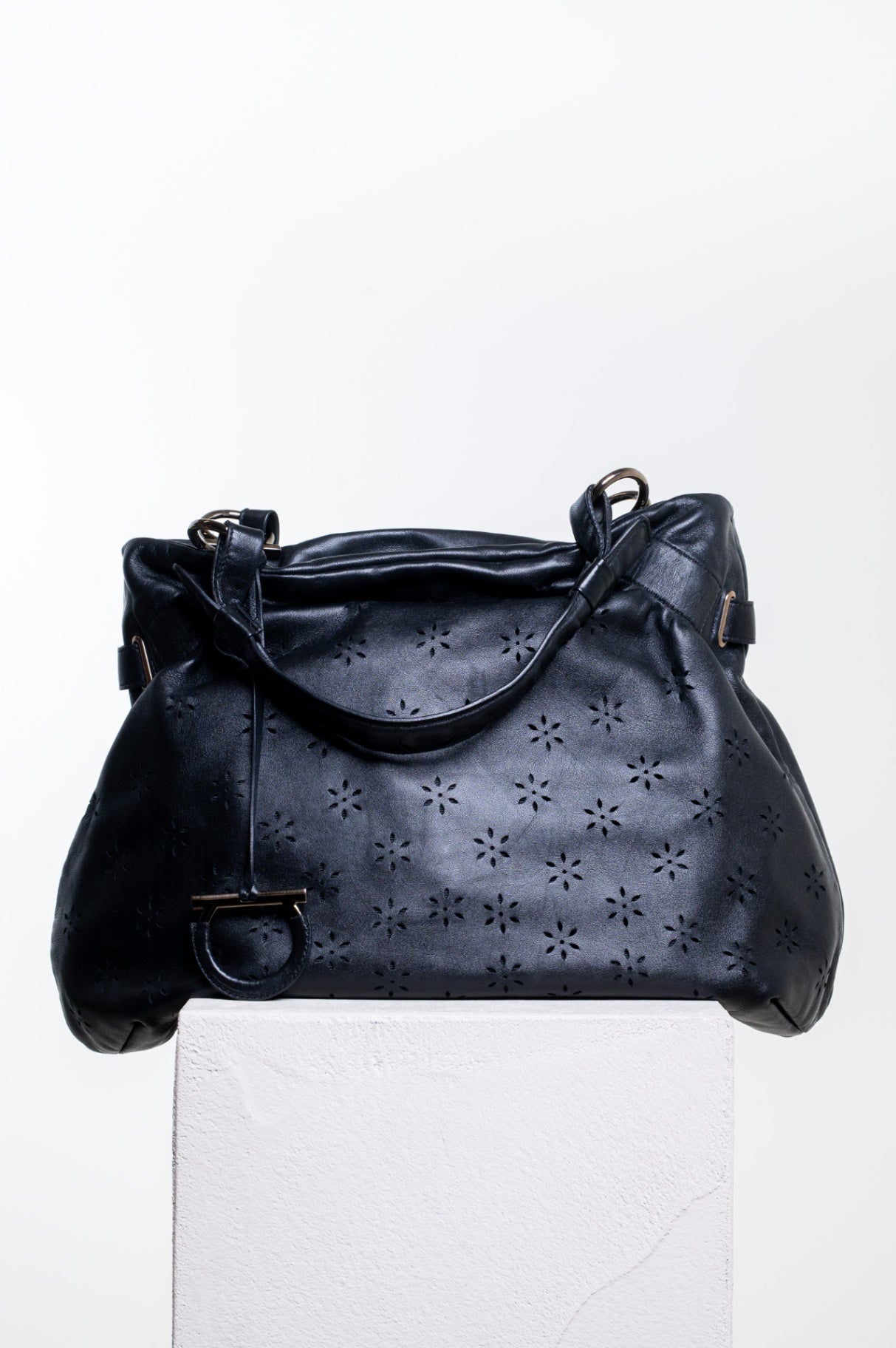 Black Gancini Floral Perforated Hobo Bag