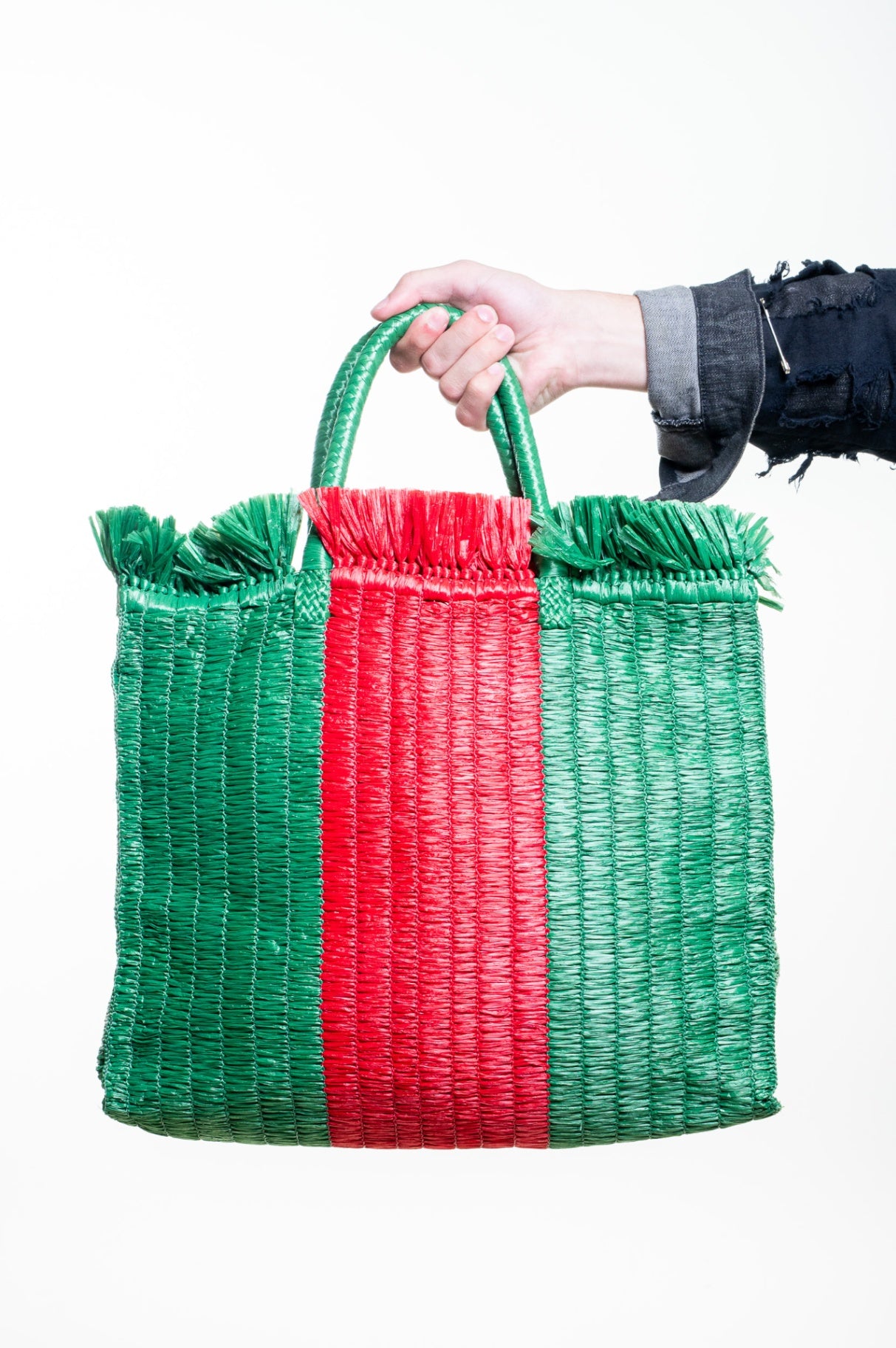 Green and Red Raffia Linea Cestino Web Tote Bag