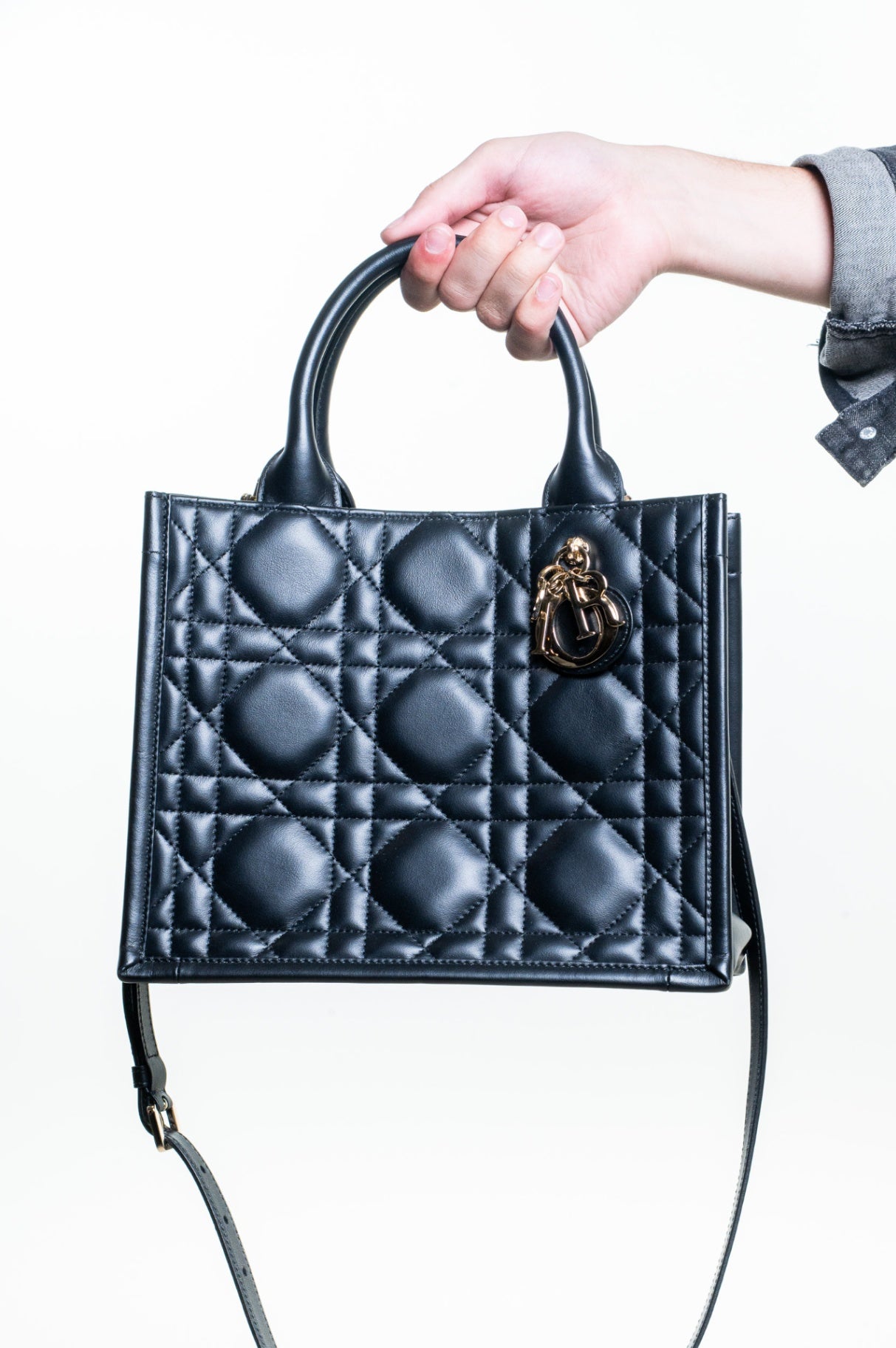 Black Macrocannage Leather Book Tote w/ strap