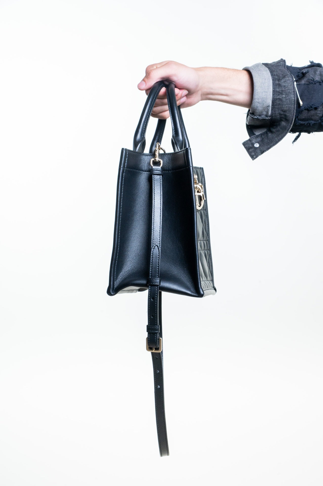 Black Macrocannage Leather Book Tote w/ strap