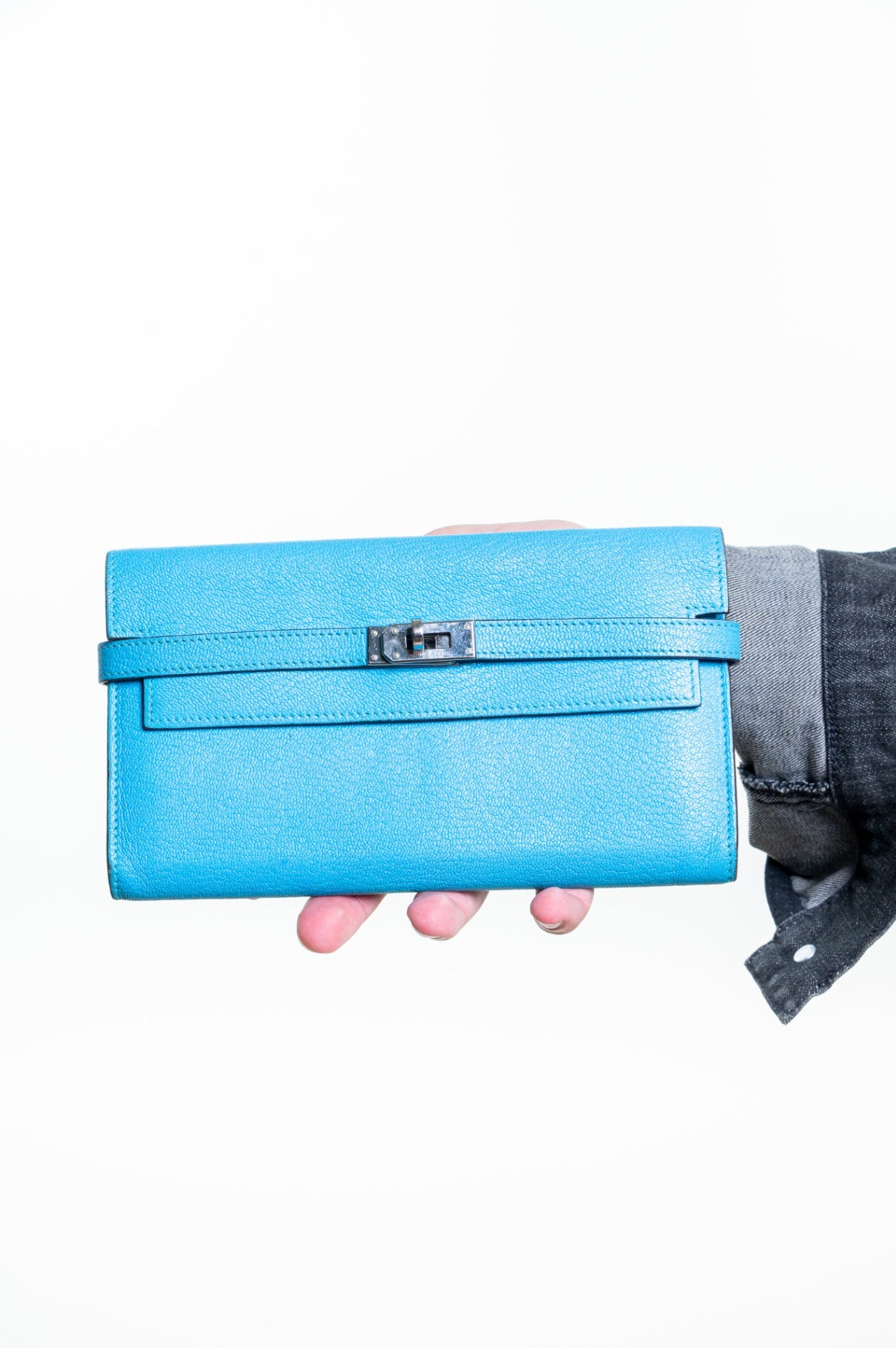 Bleu Chevre Mysore Leather Palladium Kelly Wallet