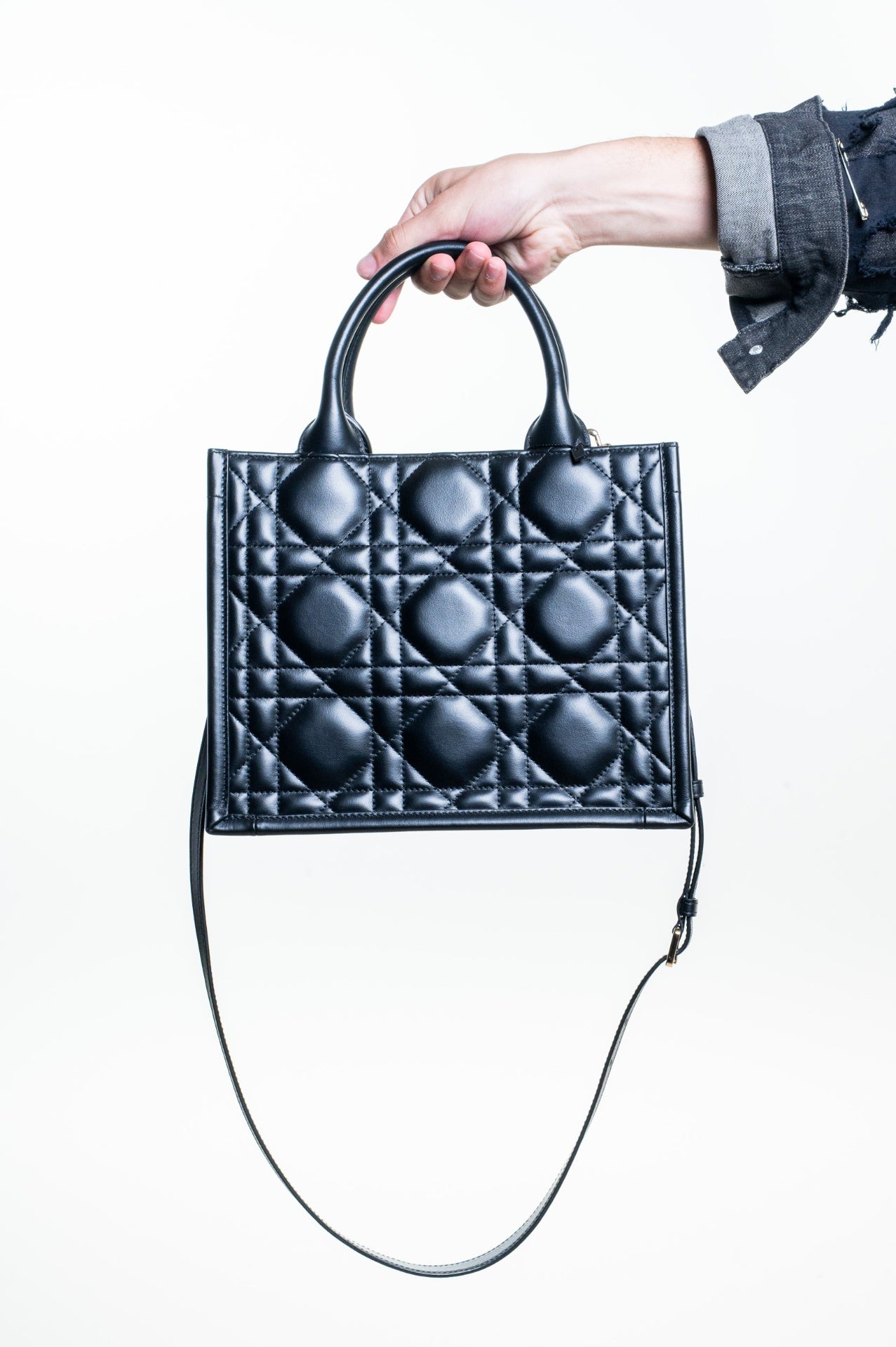Black Macrocannage Leather Book Tote w/ strap