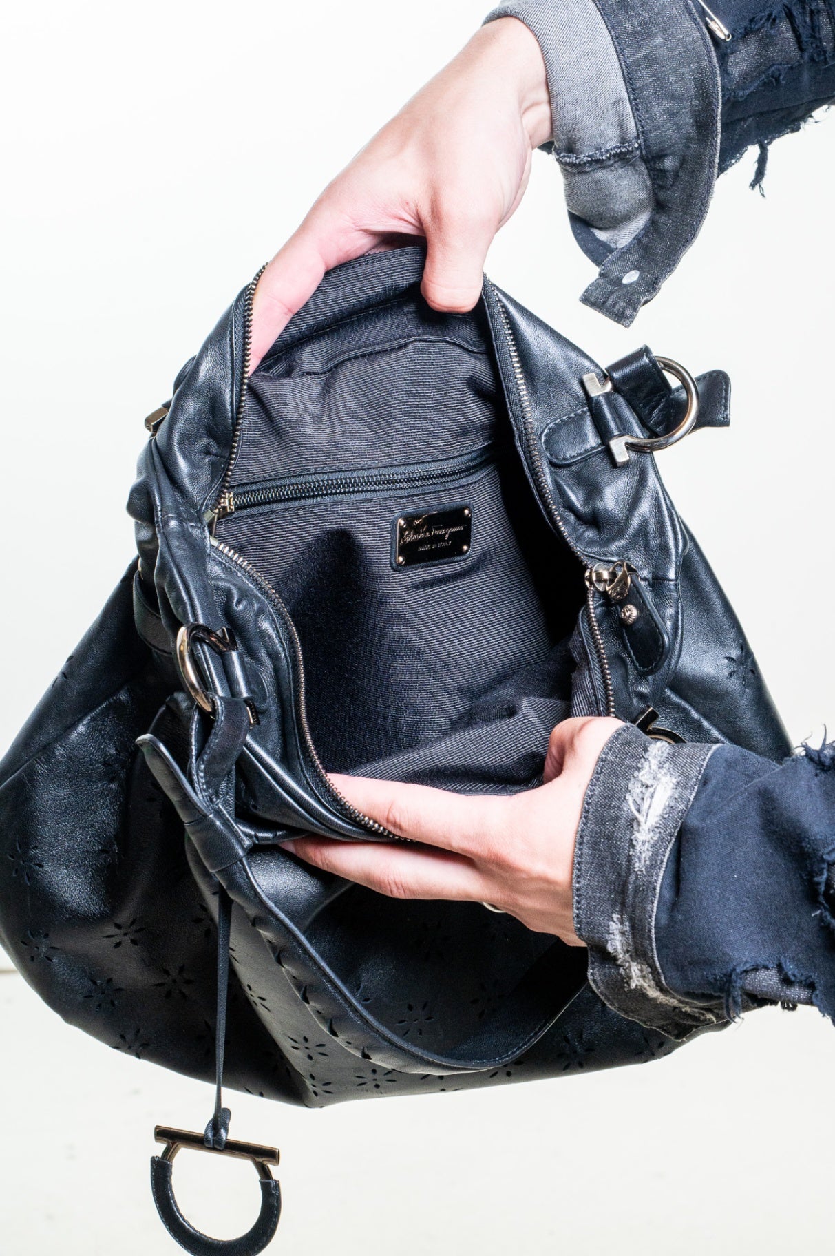 Black Gancini Floral Perforated Hobo Bag