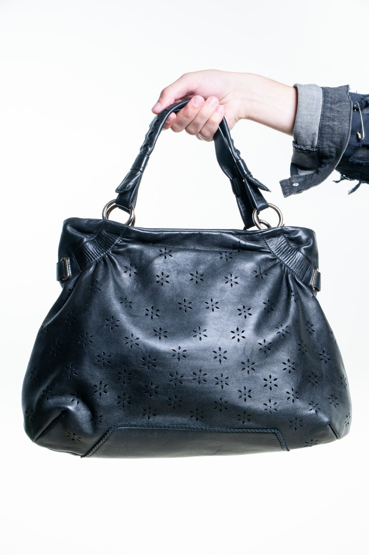 Black Gancini Floral Perforated Hobo Bag