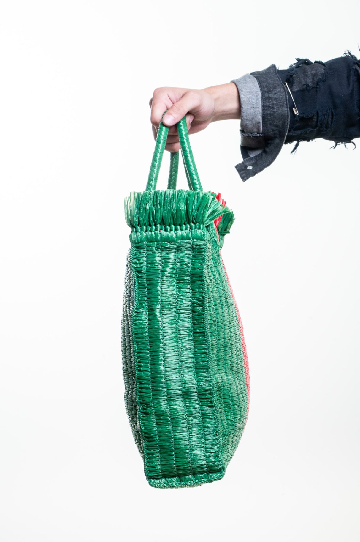 Green and Red Raffia Linea Cestino Web Tote Bag