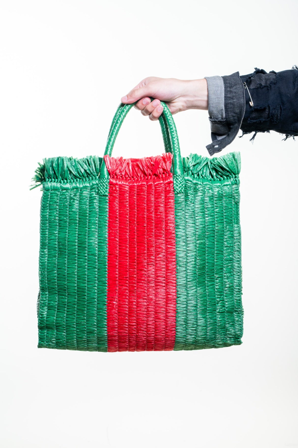 Green and Red Raffia Linea Cestino Web Tote Bag