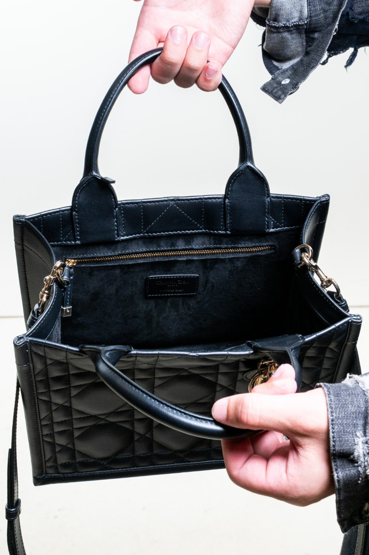 Black Macrocannage Leather Book Tote w/ strap