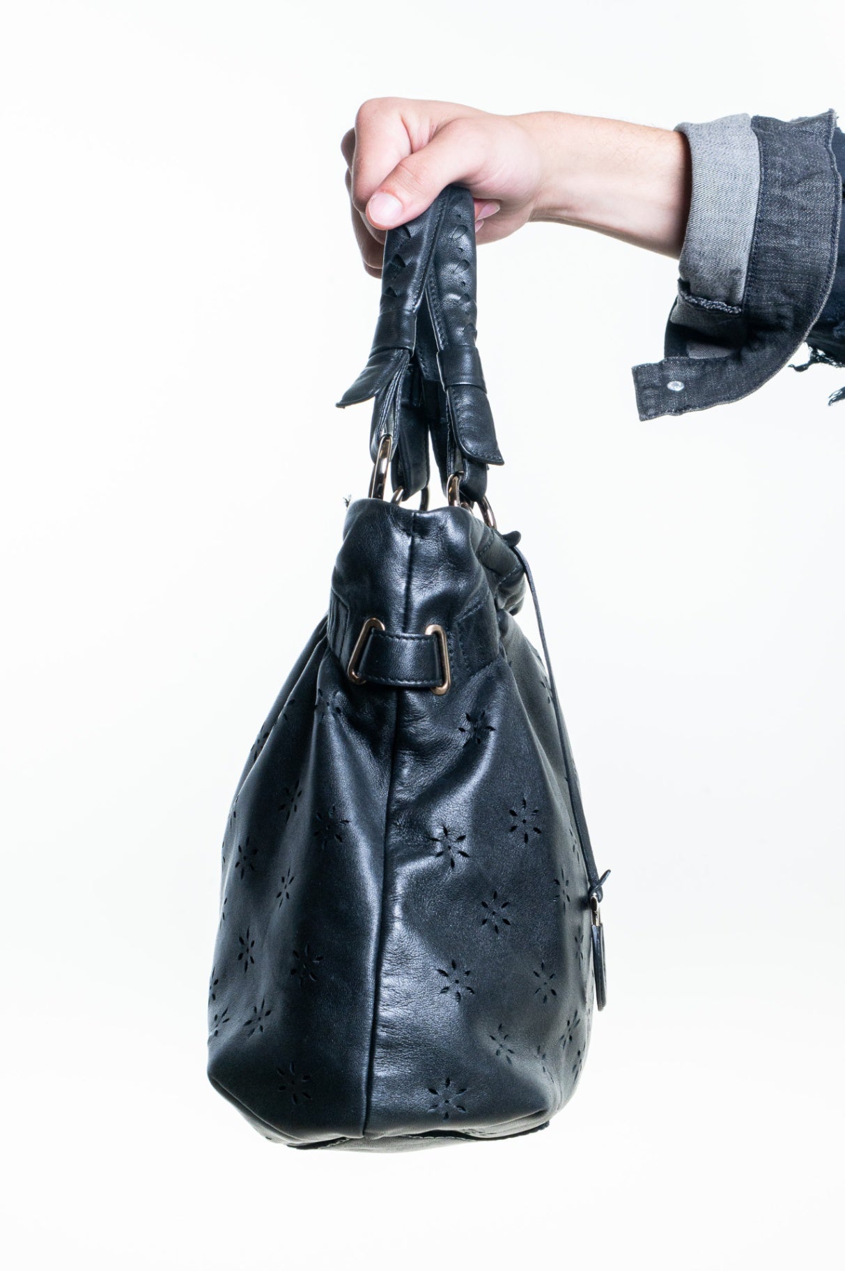 Black Gancini Floral Perforated Hobo Bag