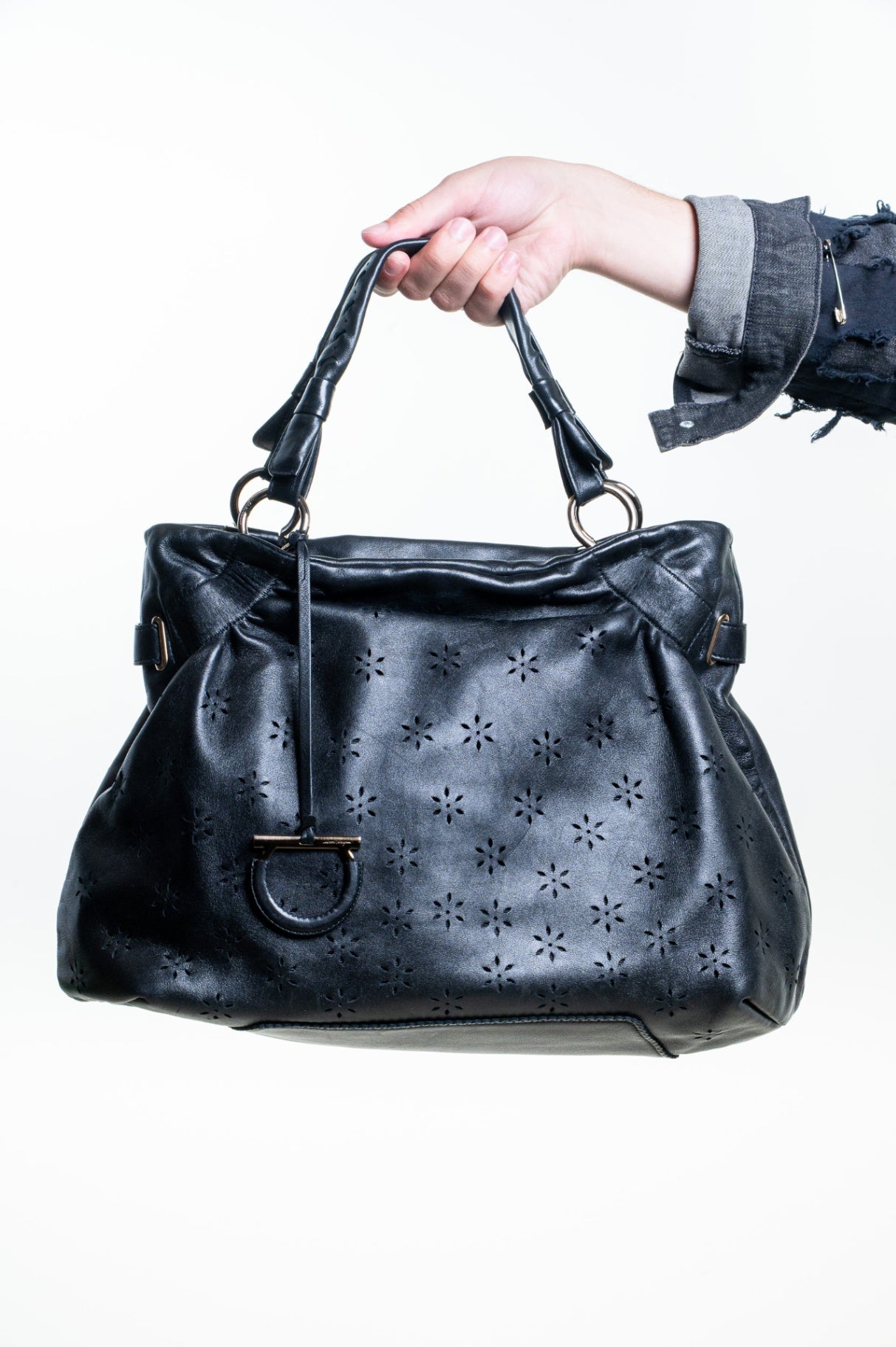 Black Gancini Floral Perforated Hobo Bag