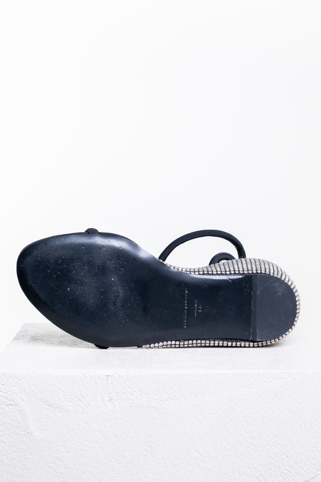 Black Dahlia Black Satin Crystal Ankle Strap Wedge Sandals