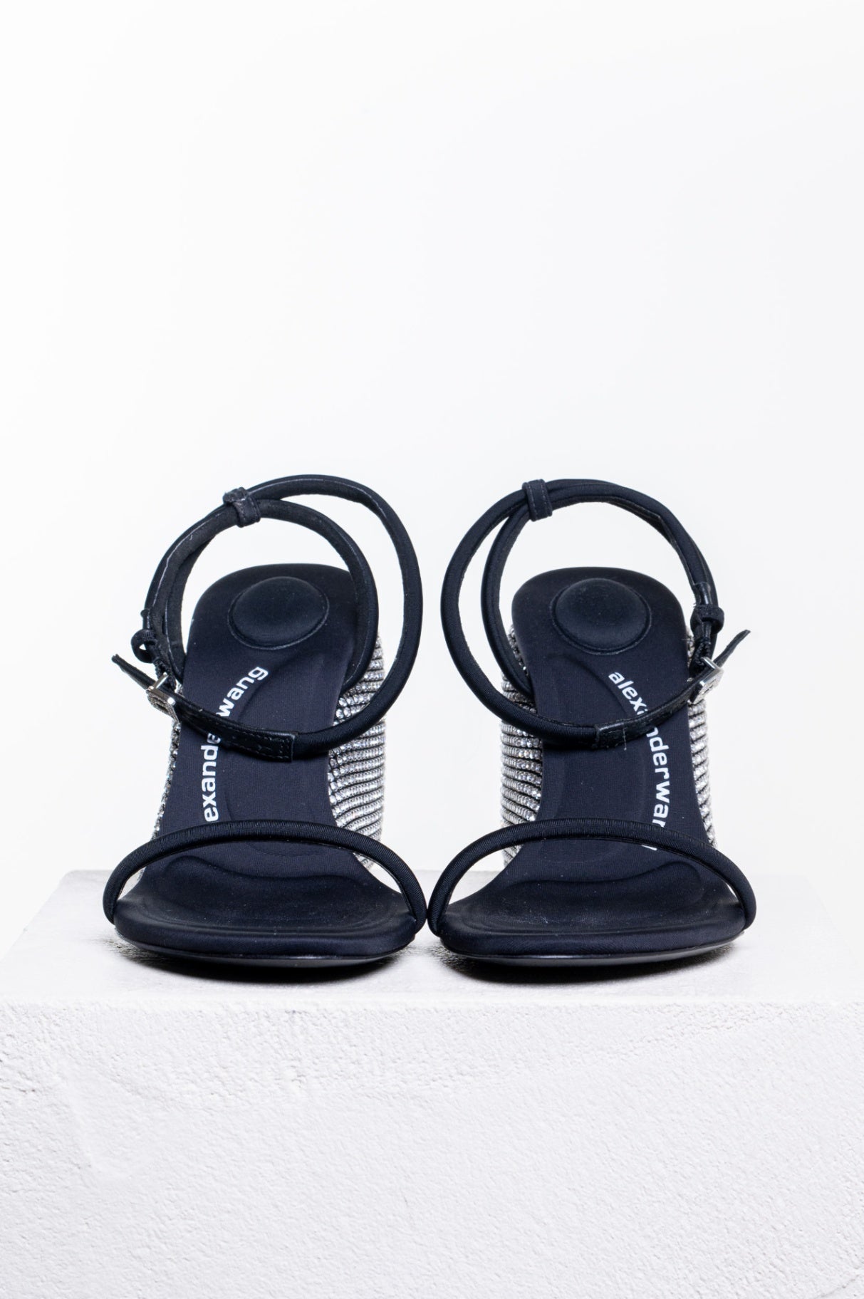 Black Dahlia Black Satin Crystal Ankle Strap Wedge Sandals