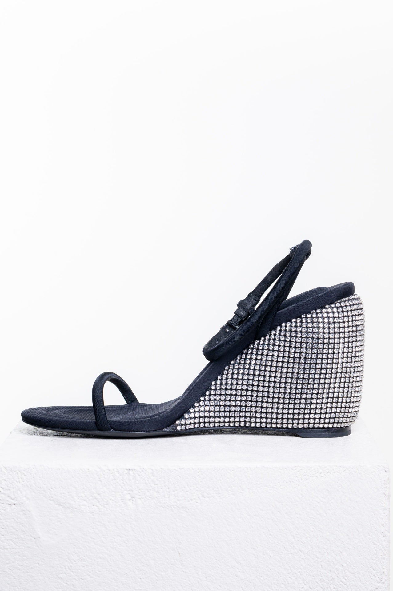 Black Dahlia Black Satin Crystal Ankle Strap Wedge Sandals