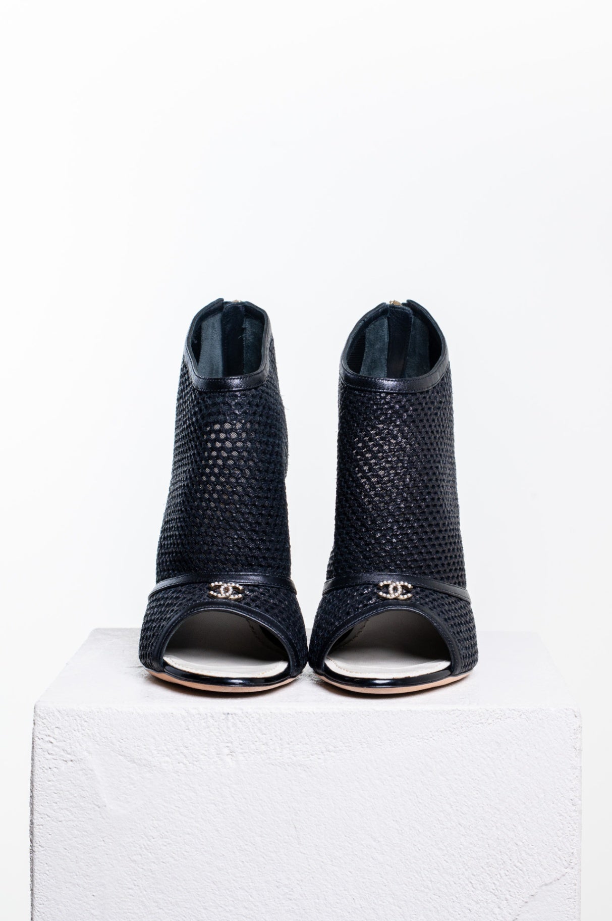 Black Mesh CC Peep Toe Ankle Boots