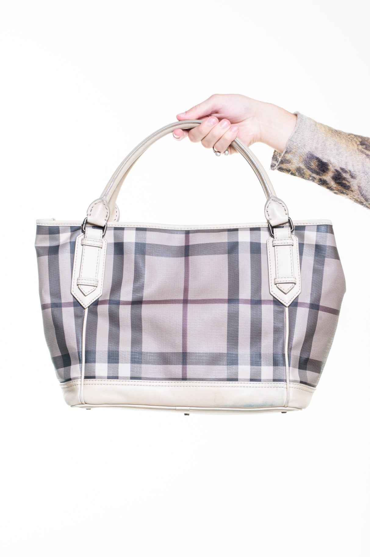 Beige Smoke Check Canvas Tote
